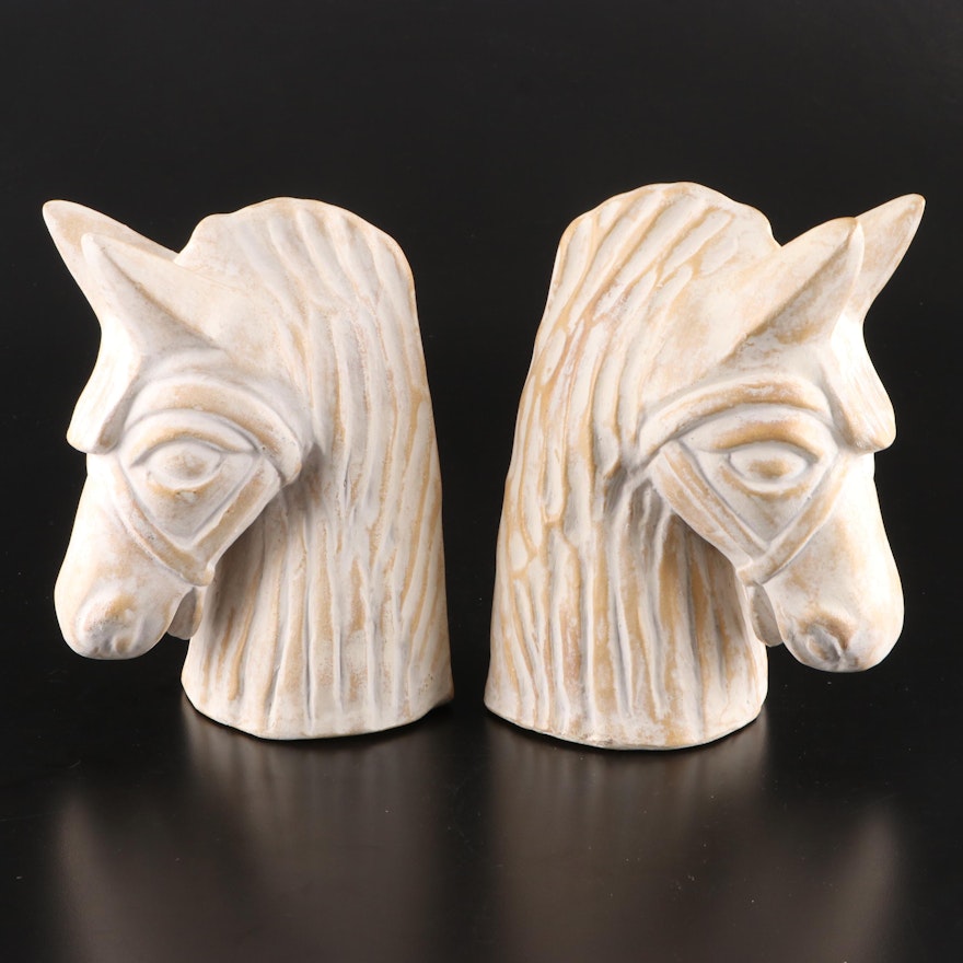 Pair of Folk Style Plaster Horse Head Bookends