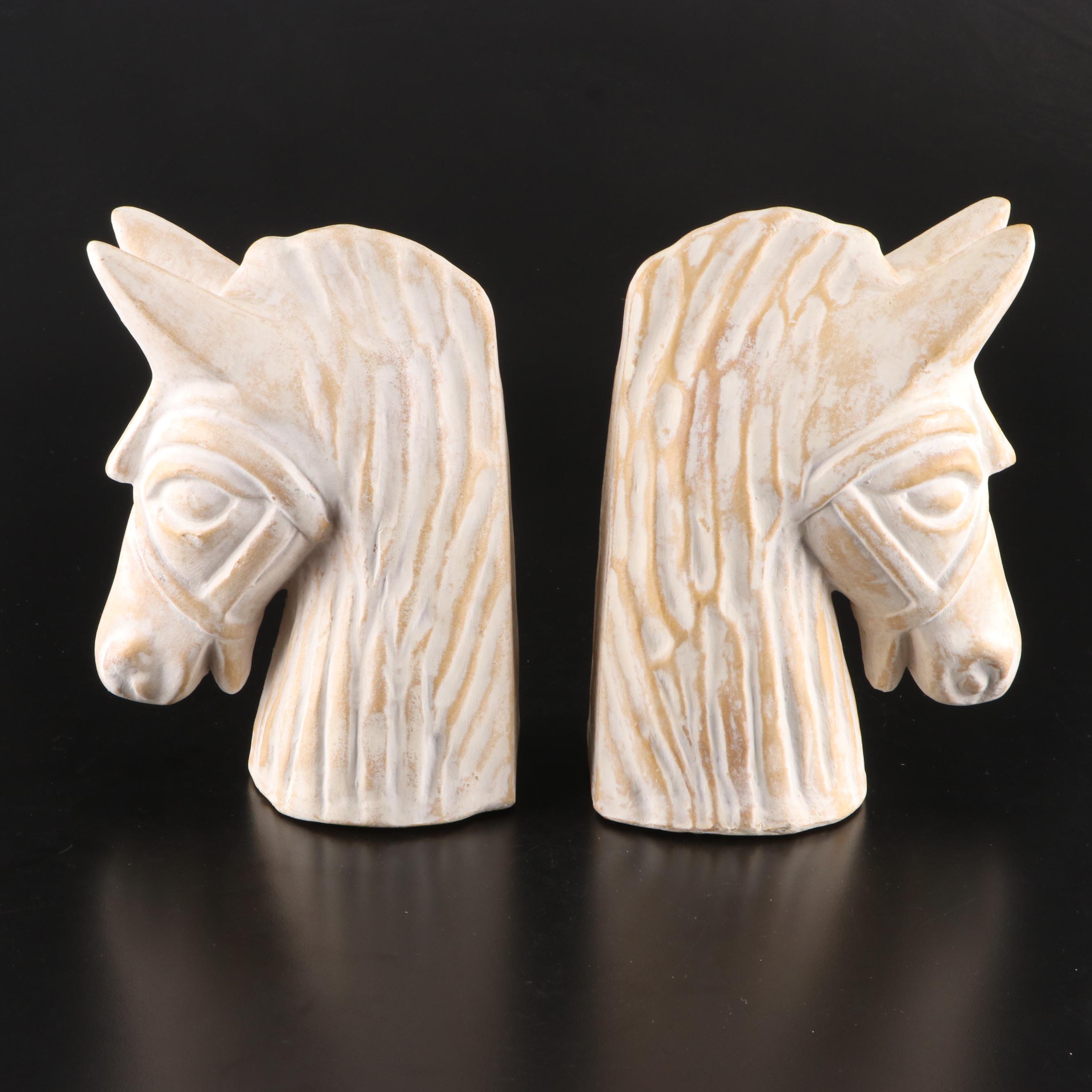 Pair of Folk Style Plaster Horse Head Bookends