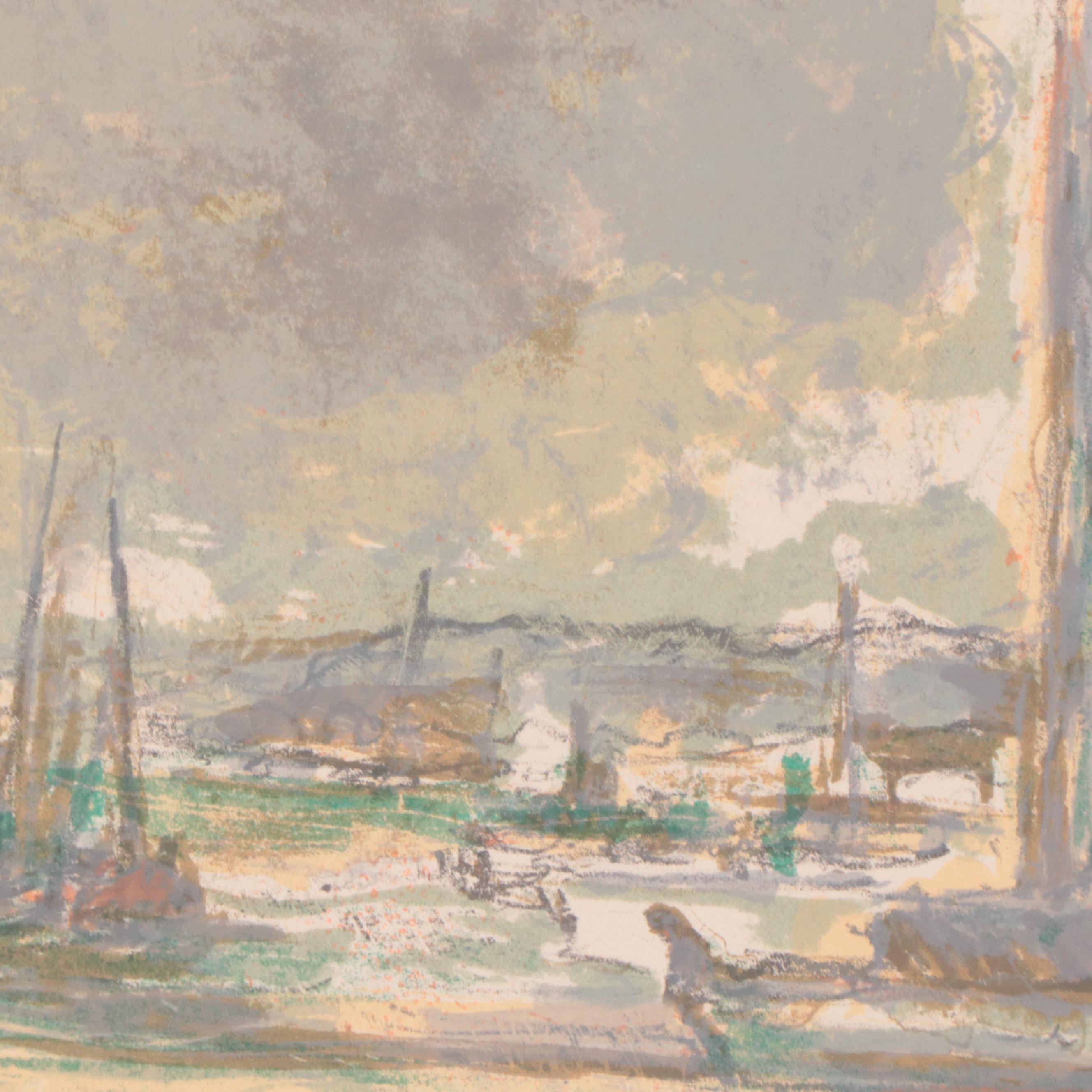 Georges Feher Lithograph of Harbor Scene