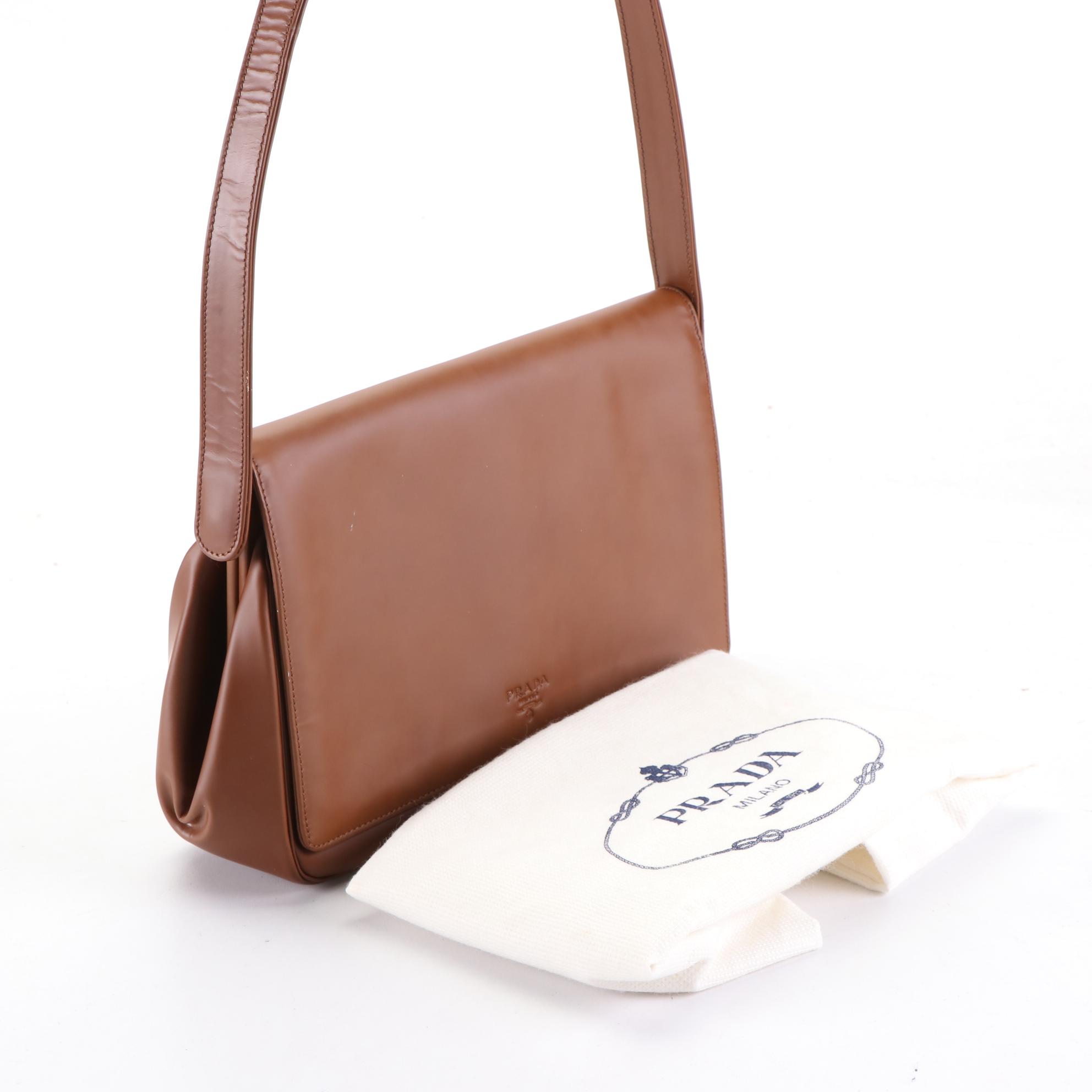 Prada Framed Shoulder Bag with Flap in Smooth Brown Leather