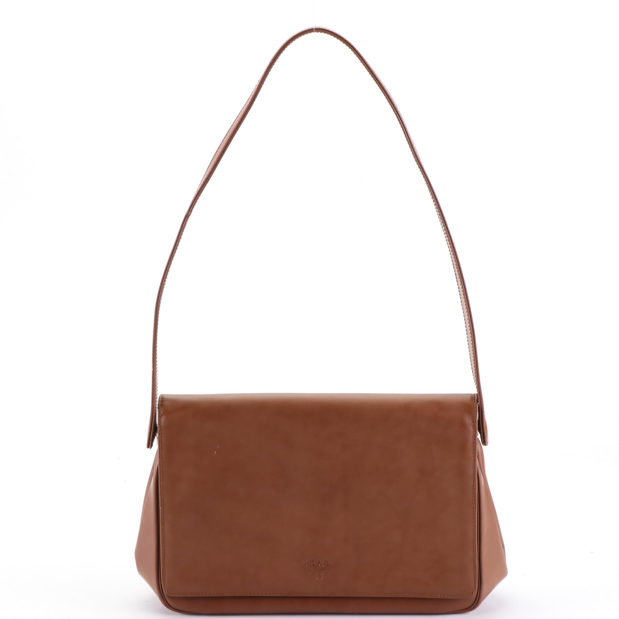 Prada Framed Shoulder Bag with Flap in Smooth Brown Leather