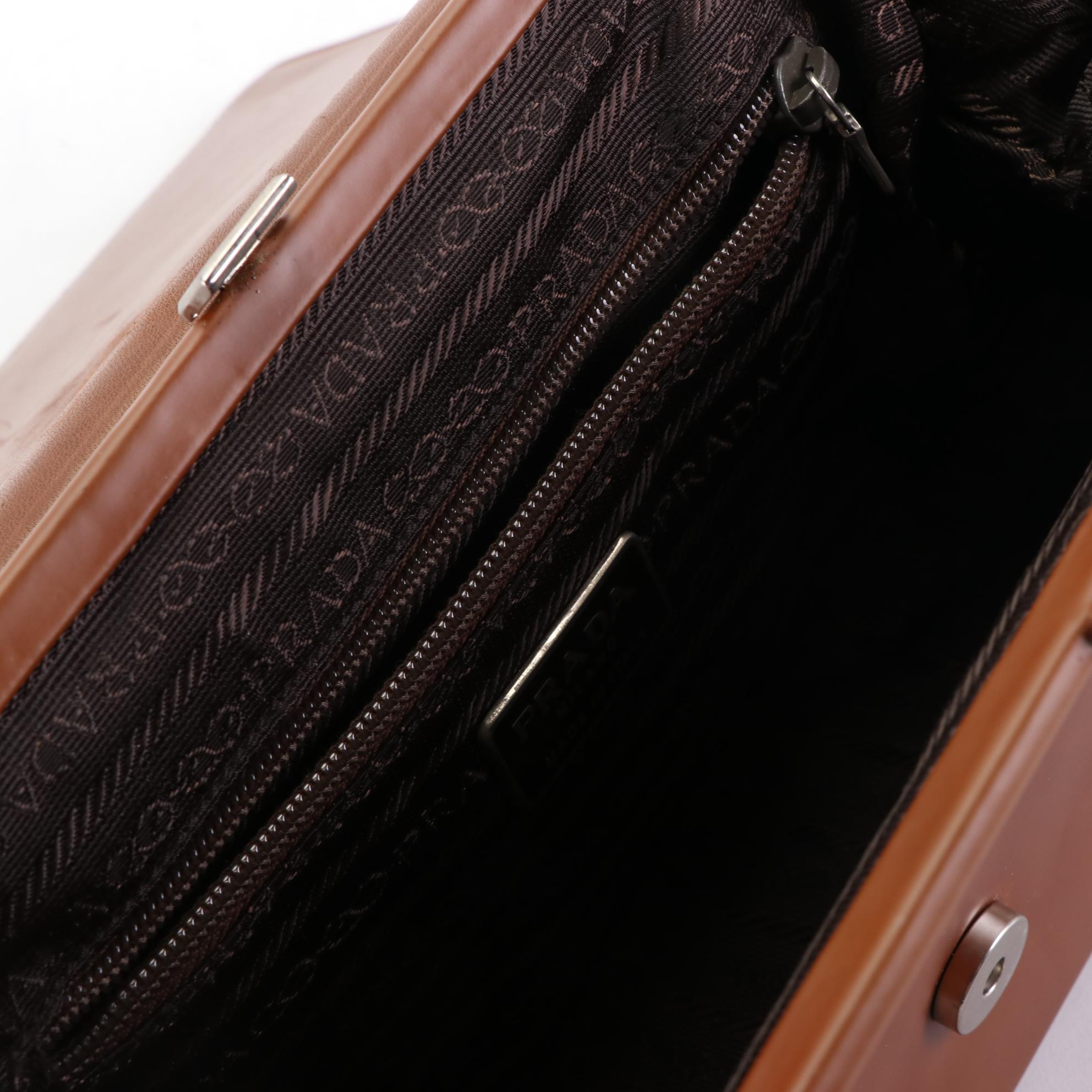 Prada Framed Shoulder Bag with Flap in Smooth Brown Leather