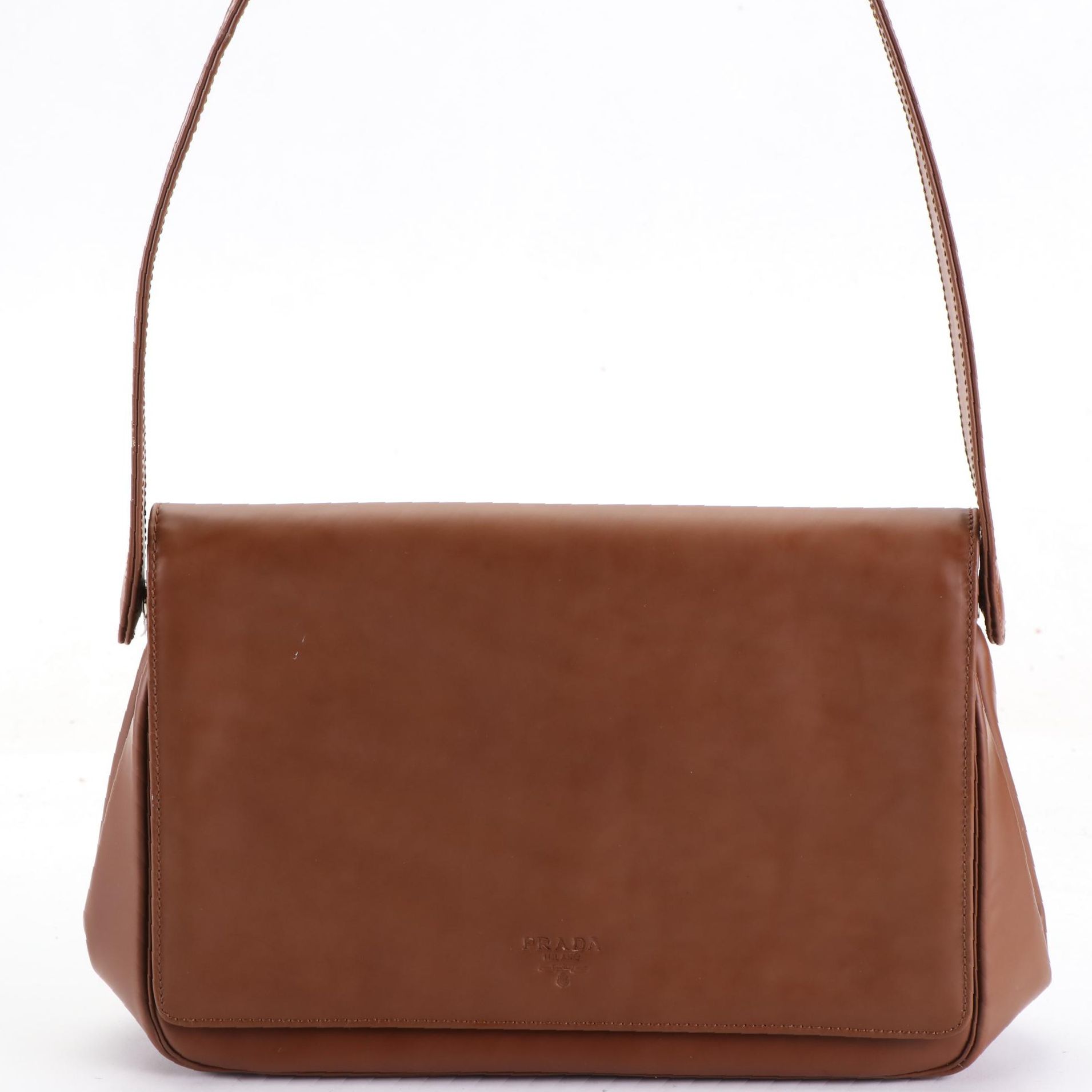 Prada Framed Shoulder Bag with Flap in Smooth Brown Leather