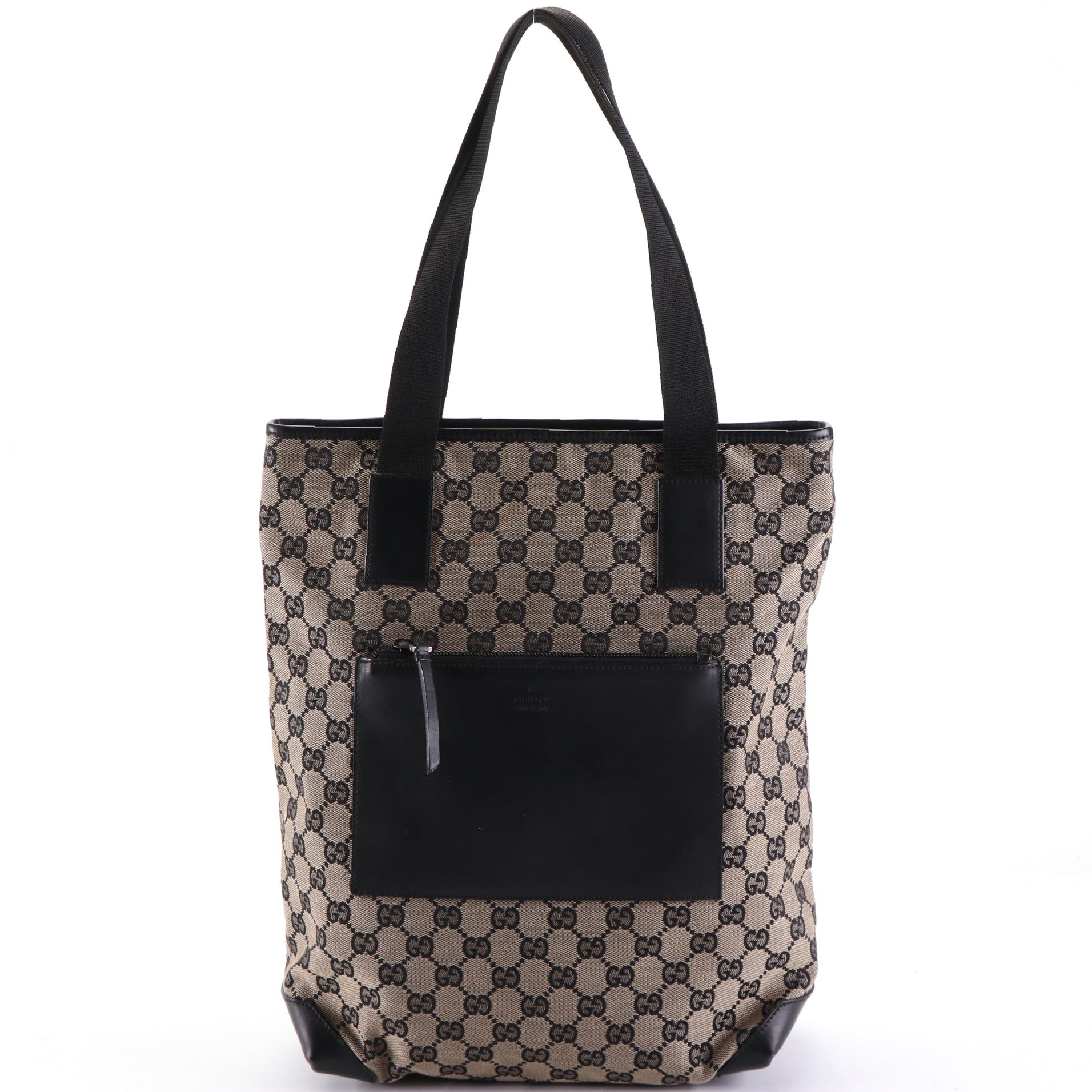 Gucci GG Canvas and Black Leather Tote Bag with Web Strap