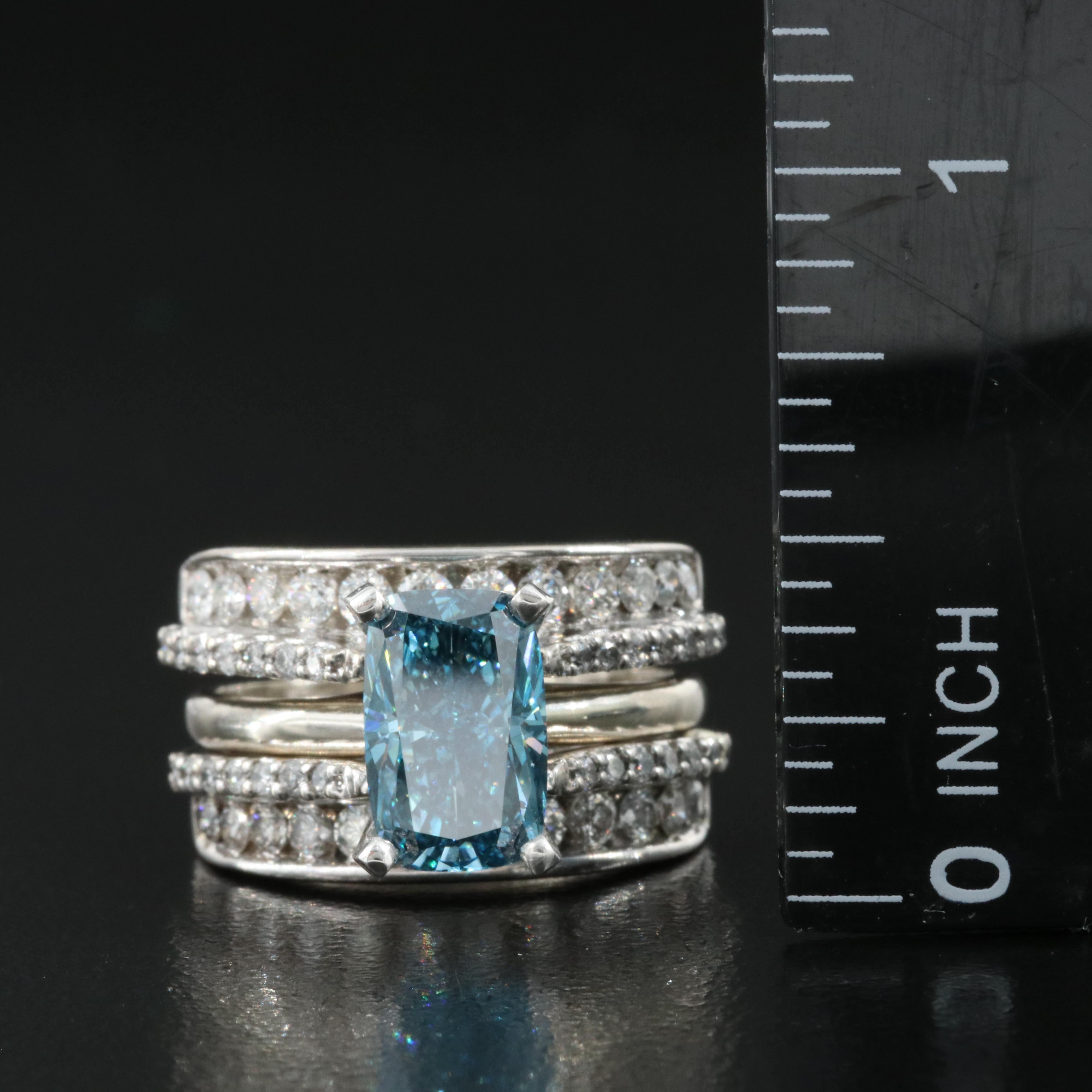14K 3.49 CTW Diamond Ring and Band with Fancy Blue Center