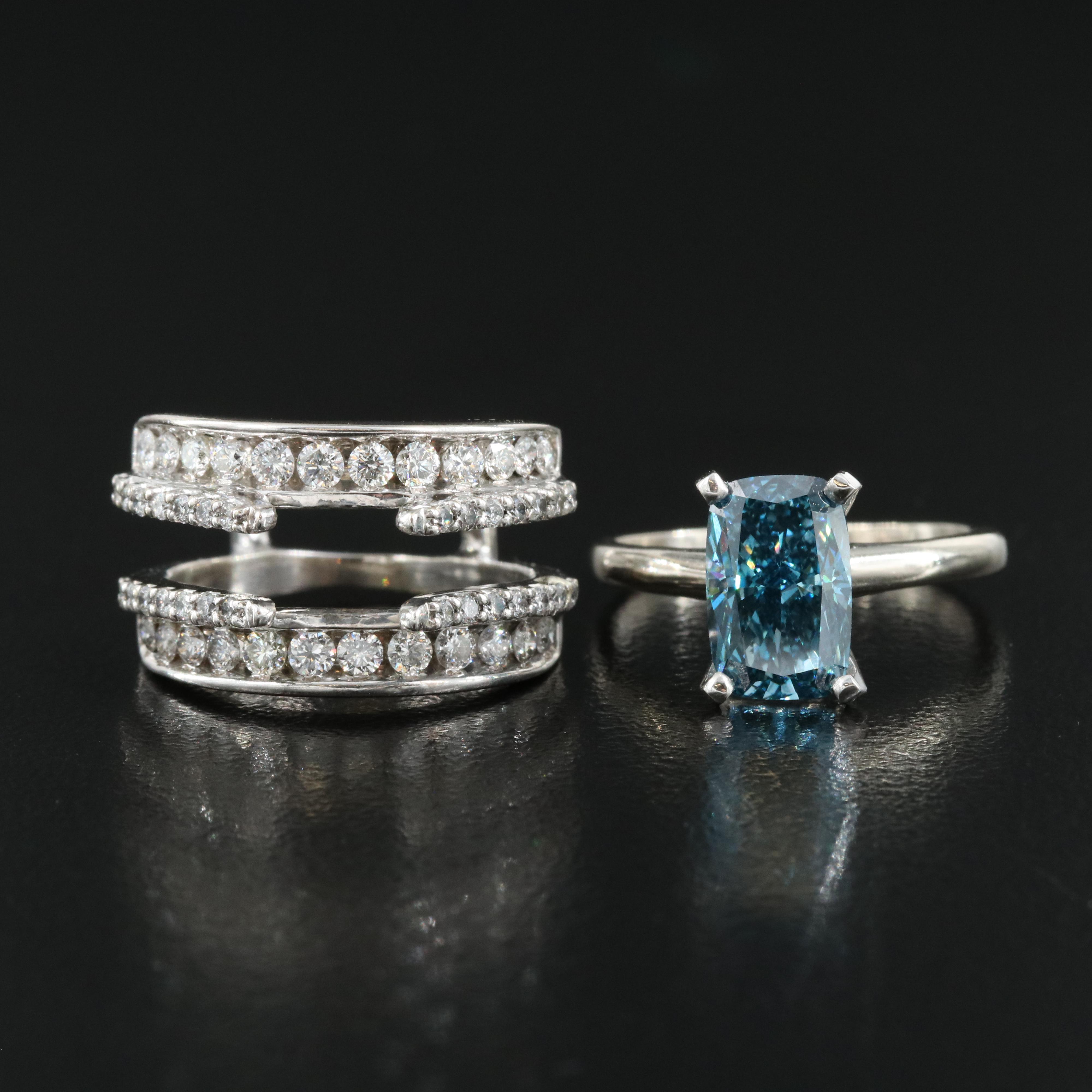 14K 3.49 CTW Diamond Ring and Band with Fancy Blue Center