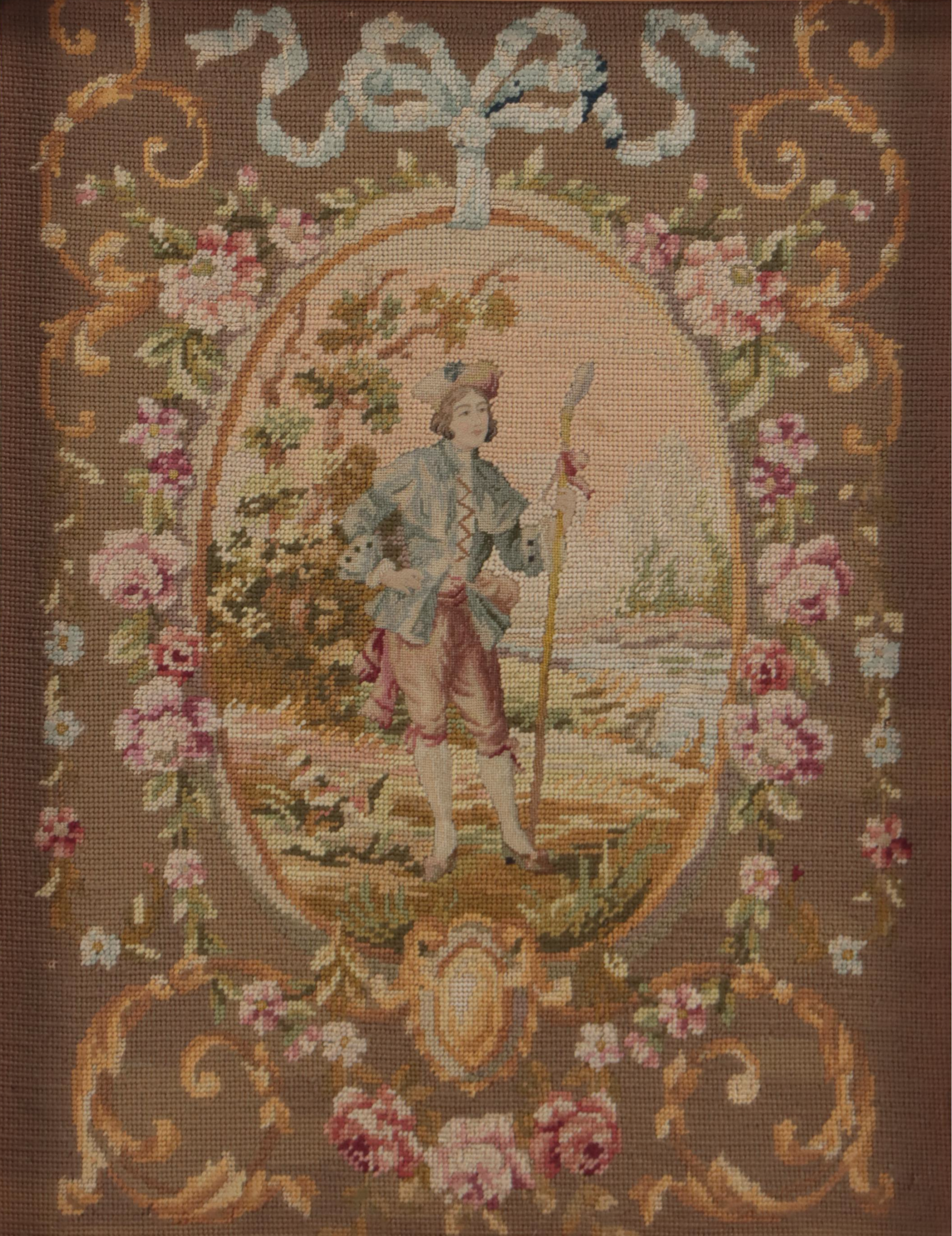French Needlepoint Embroidery of Man With Staff