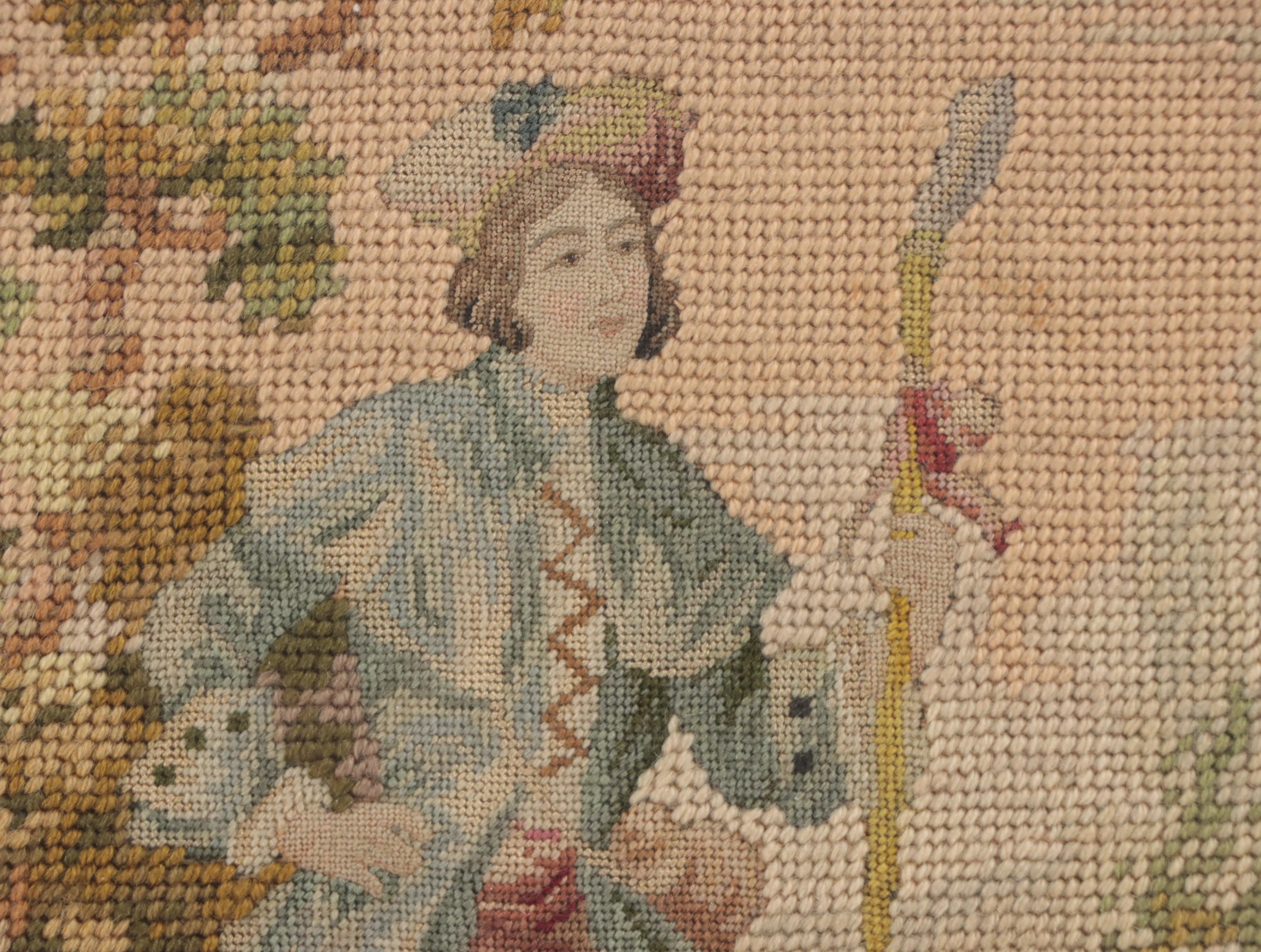 French Needlepoint Embroidery of Man With Staff