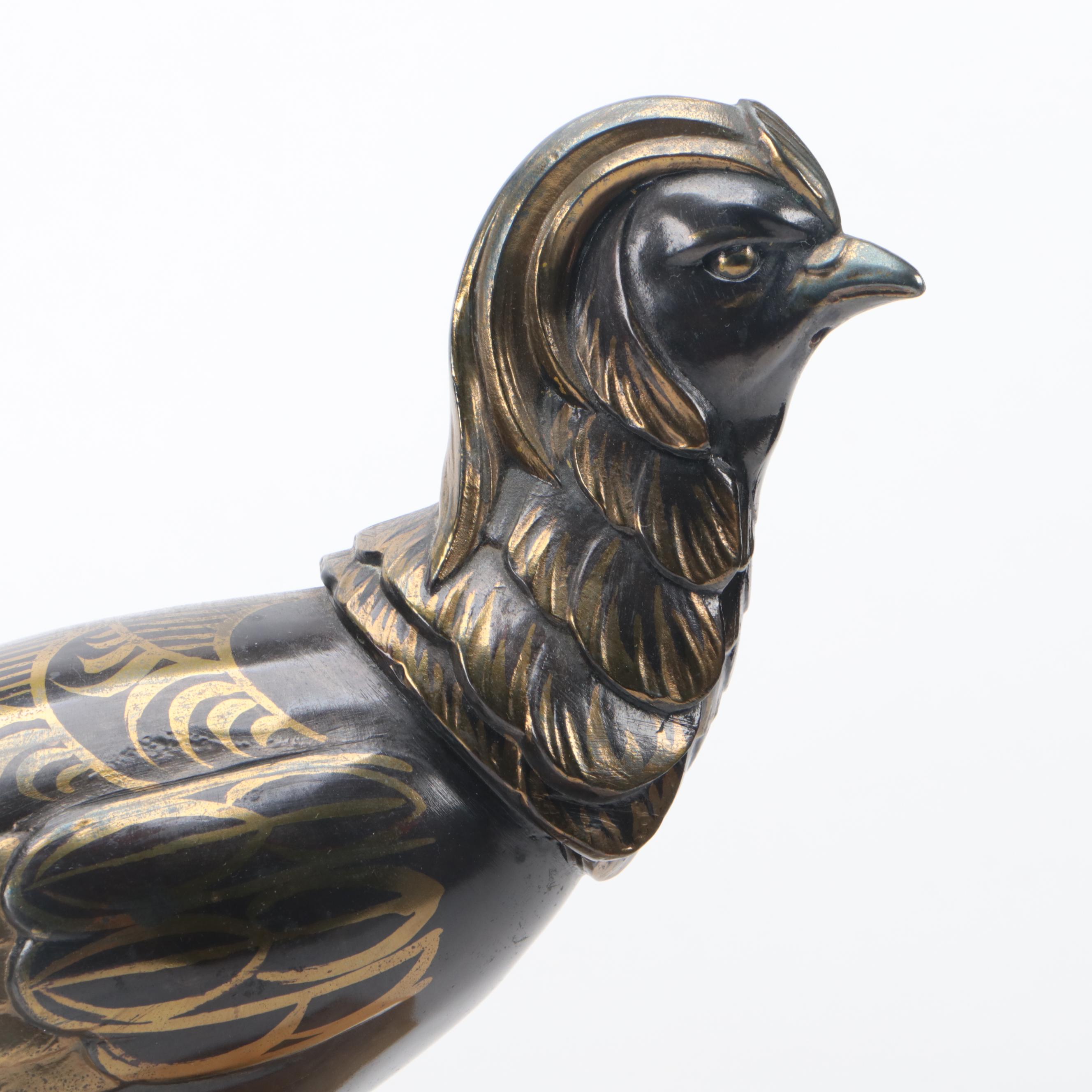 Hand-Painted Metal Pheasant on Brass, Banded Calcite and Travertine Base