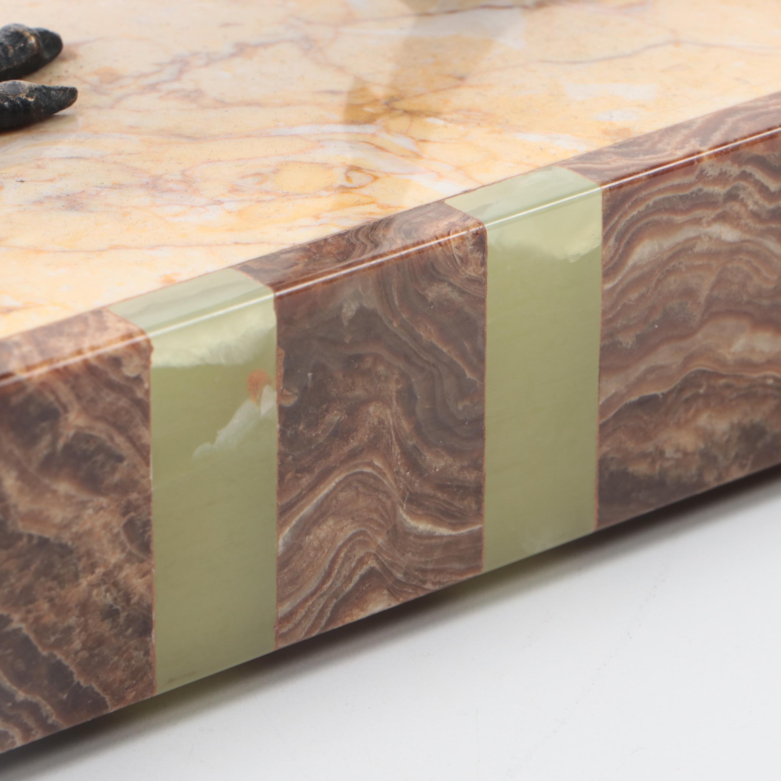 Hand-Painted Metal Pheasant on Brass, Banded Calcite and Travertine Base