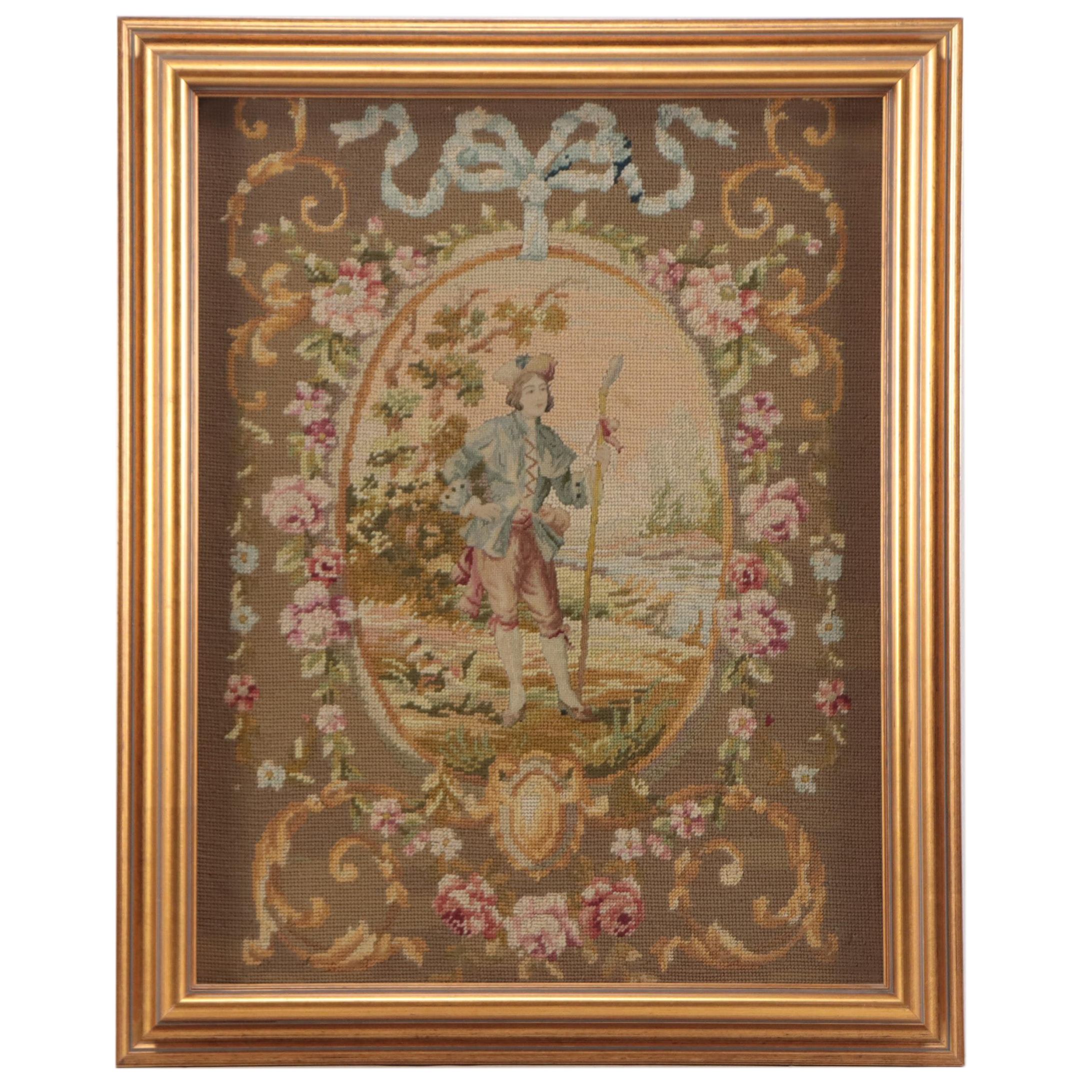 French Needlepoint Embroidery of Man With Staff