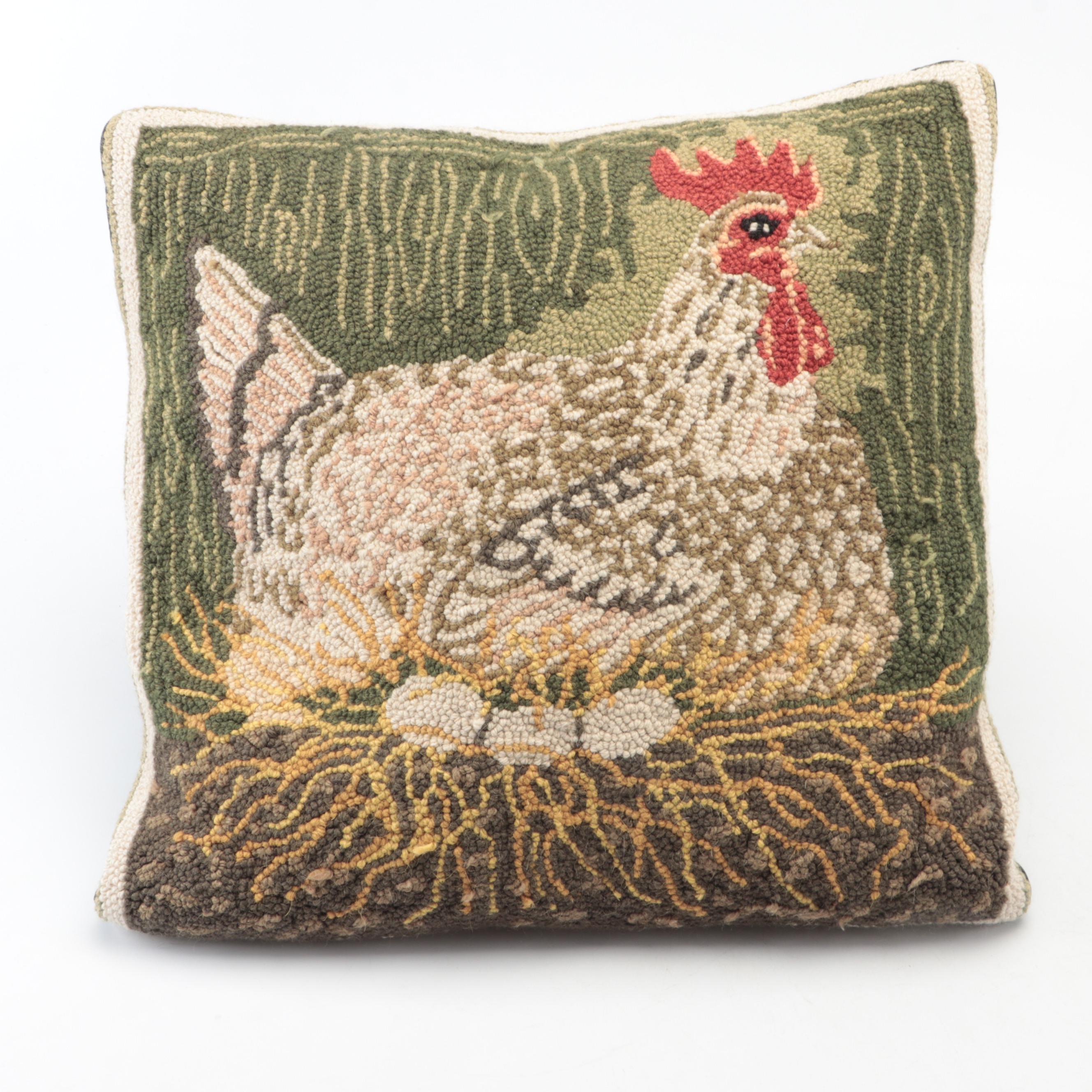 Chicken Themed Needlepoint Pillow and Ceramic Egg Plate with Dried Gourd
