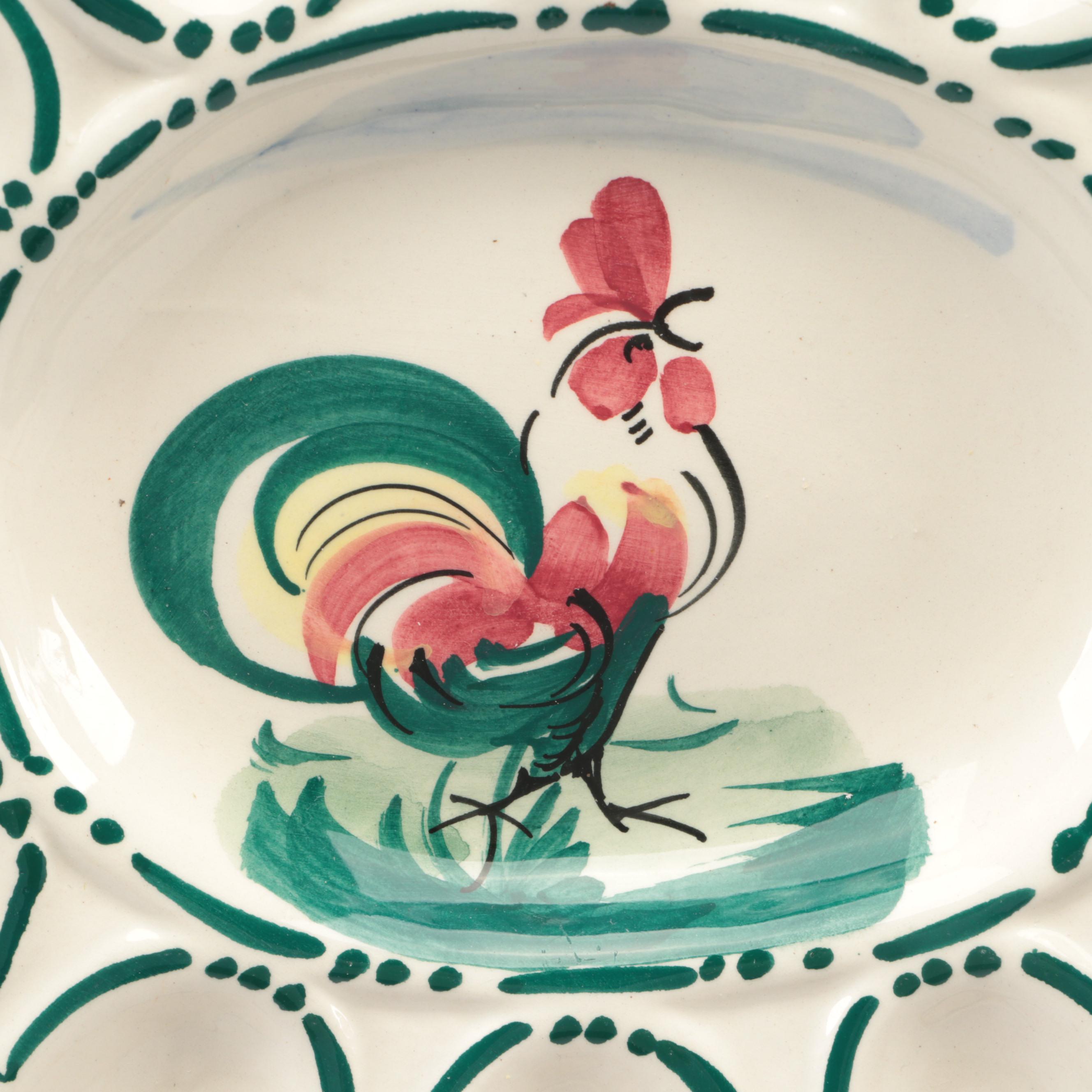 Chicken Themed Needlepoint Pillow and Ceramic Egg Plate with Dried Gourd