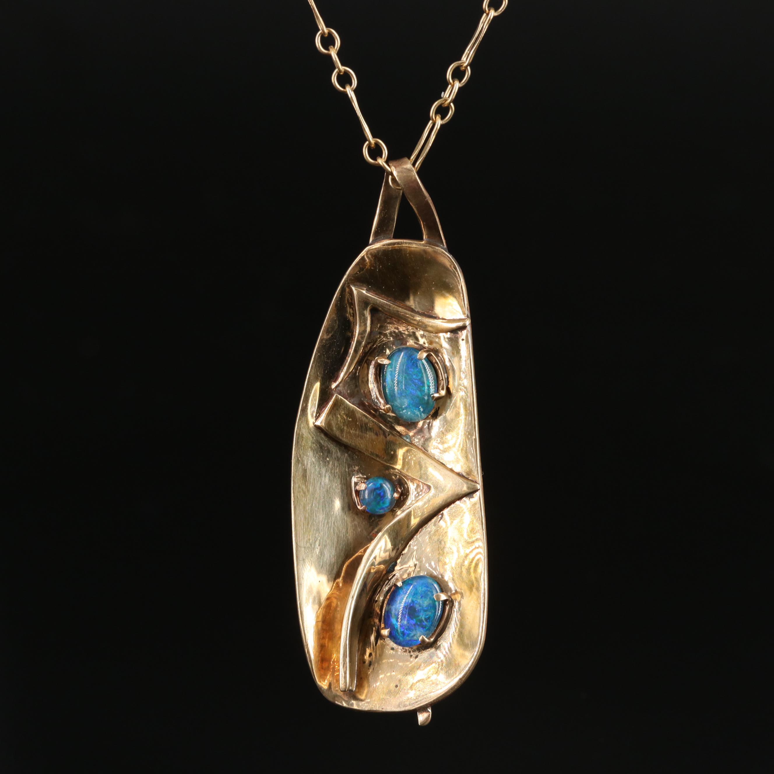 Brass and Opal Abstract Pendant Necklace