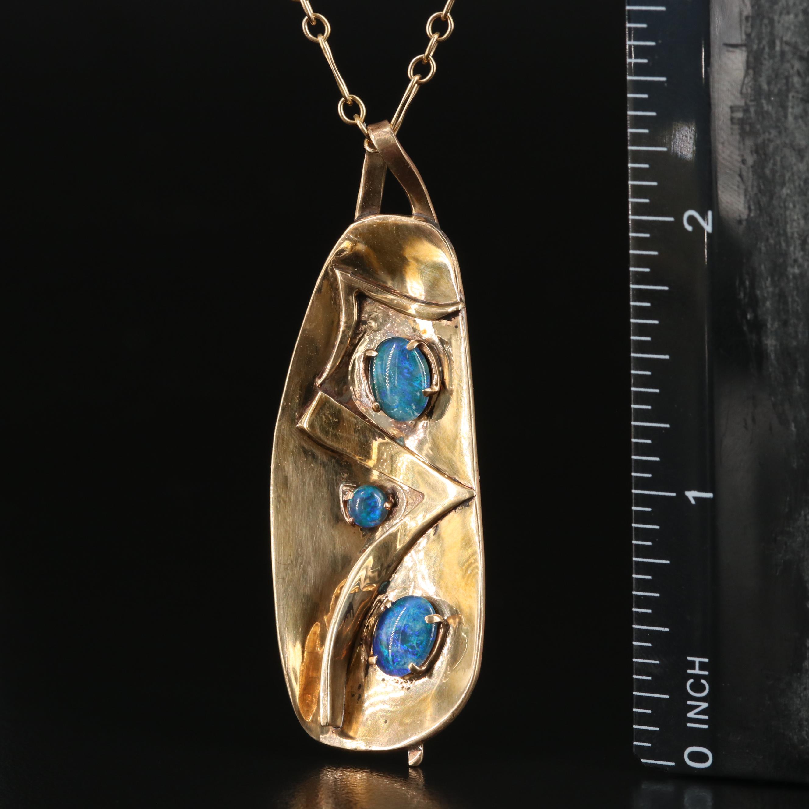 Brass and Opal Abstract Pendant Necklace