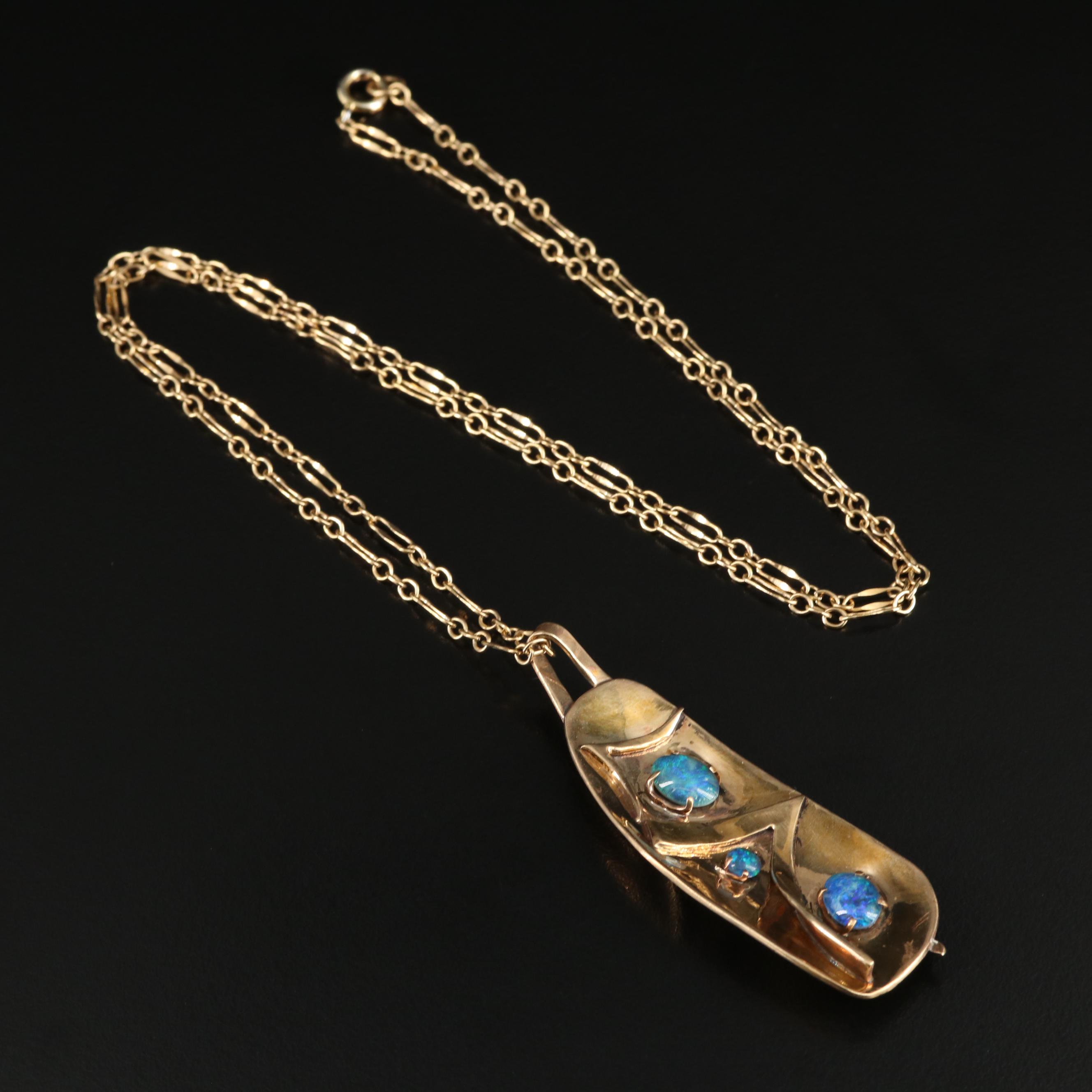 Brass and Opal Abstract Pendant Necklace
