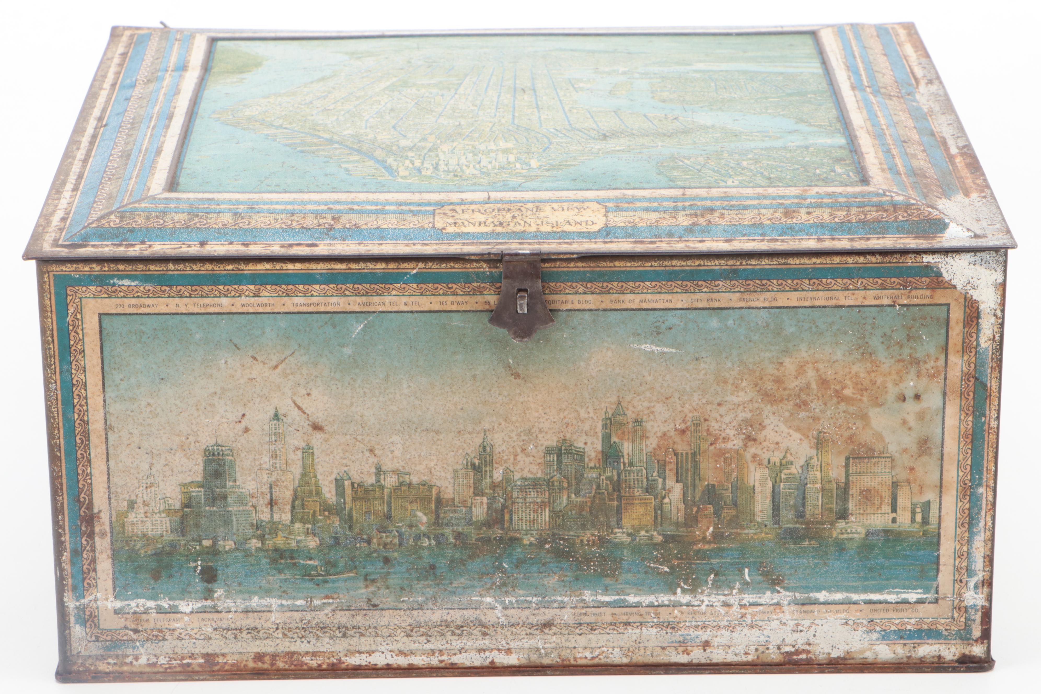 Art Deco Style Arial View of Manhattan Island Tin Litho Box, 1930s