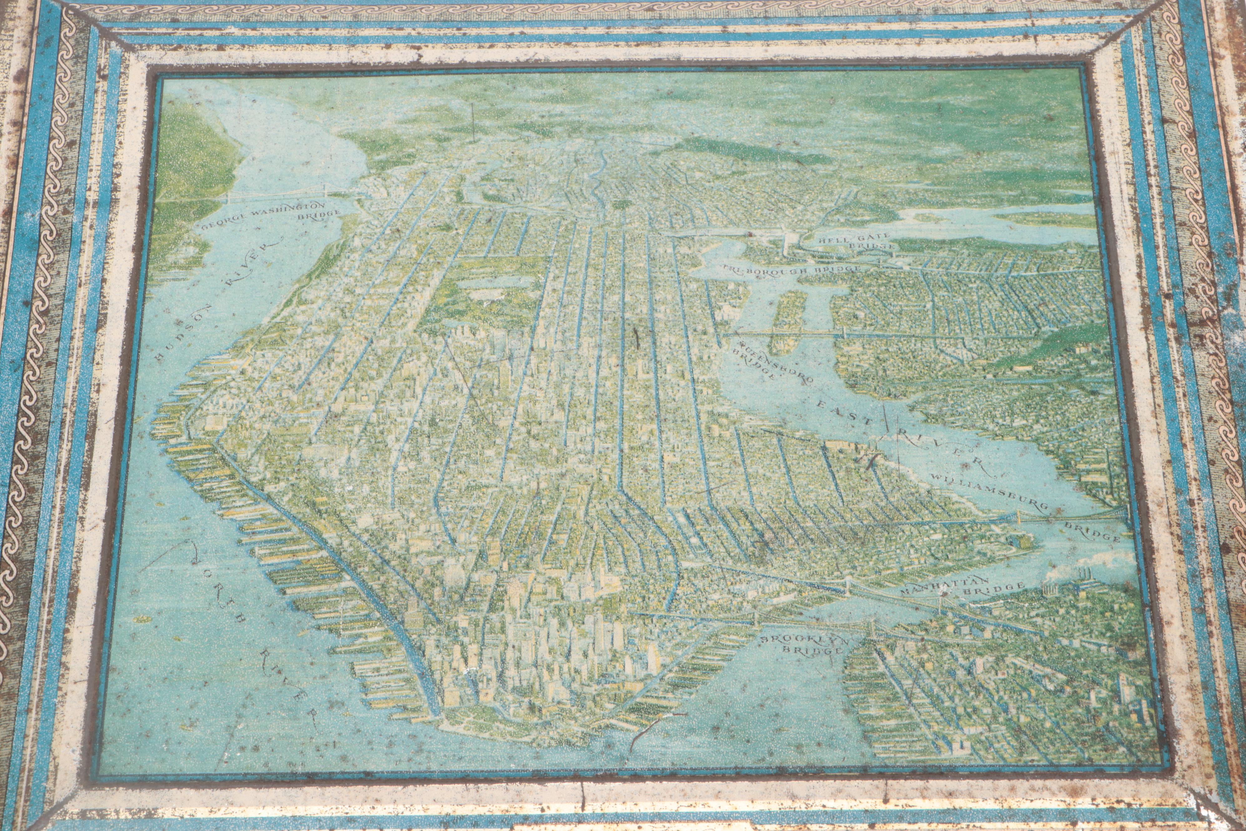 Art Deco Style Arial View of Manhattan Island Tin Litho Box, 1930s