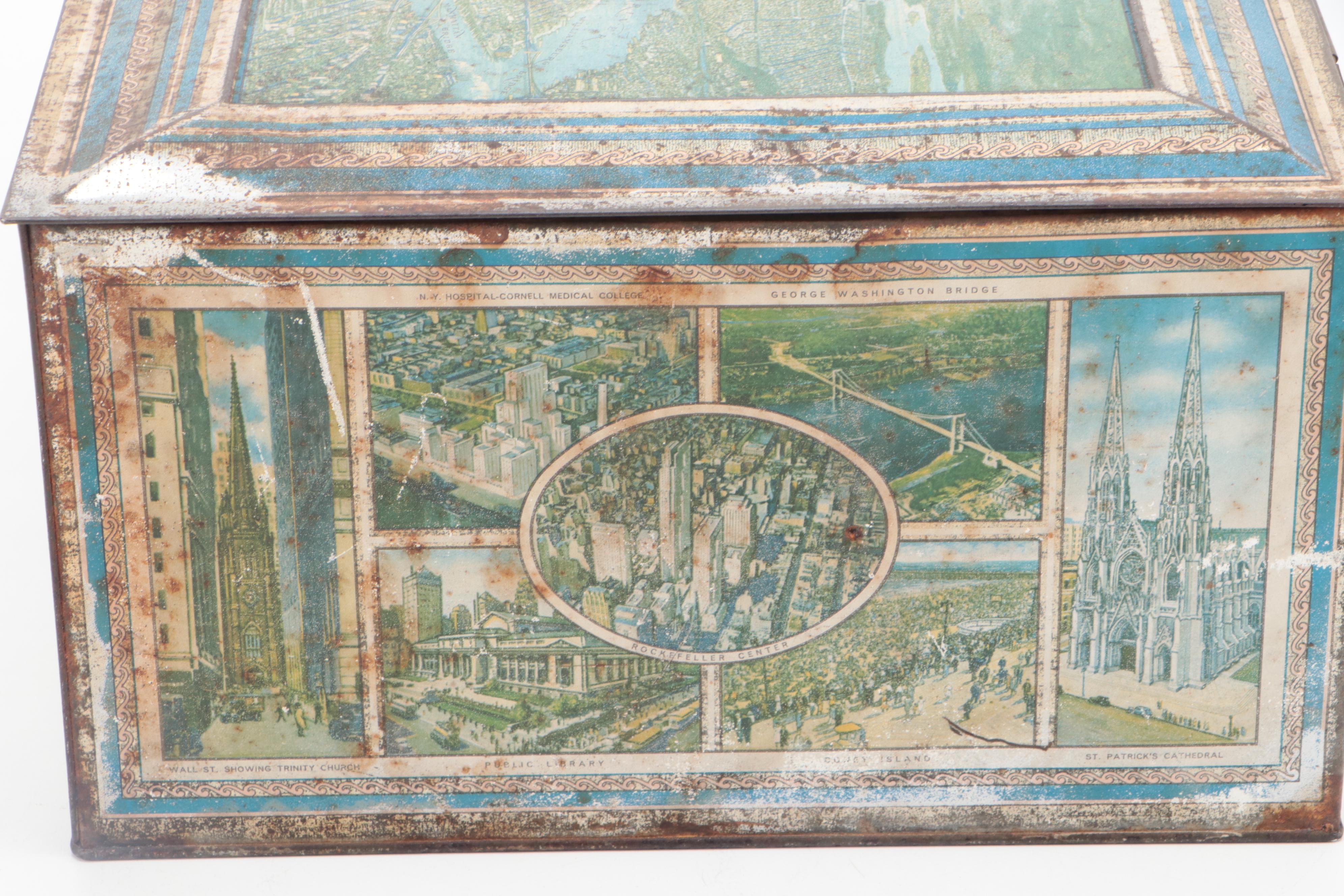 Art Deco Style Arial View of Manhattan Island Tin Litho Box, 1930s
