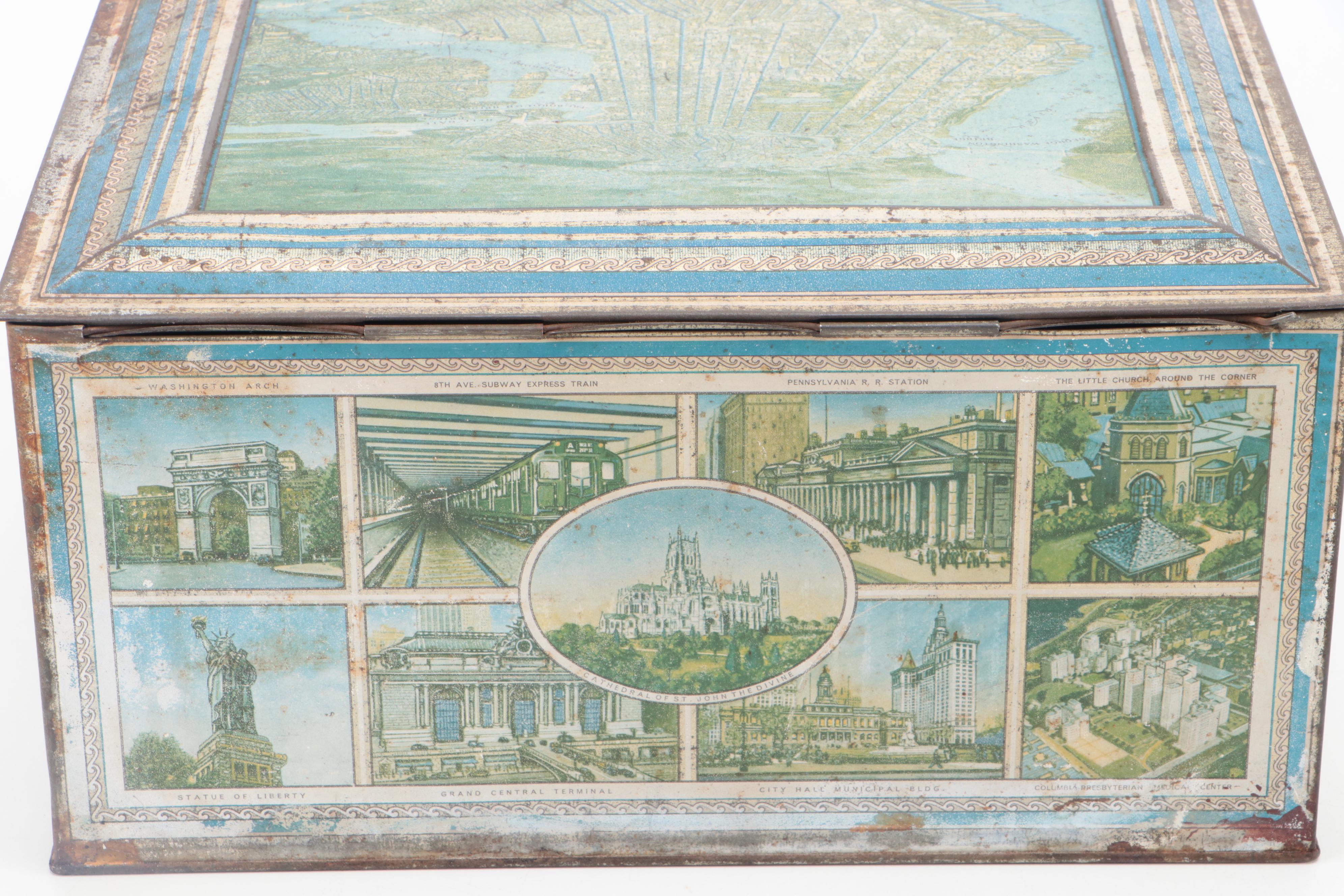 Art Deco Style Arial View of Manhattan Island Tin Litho Box, 1930s
