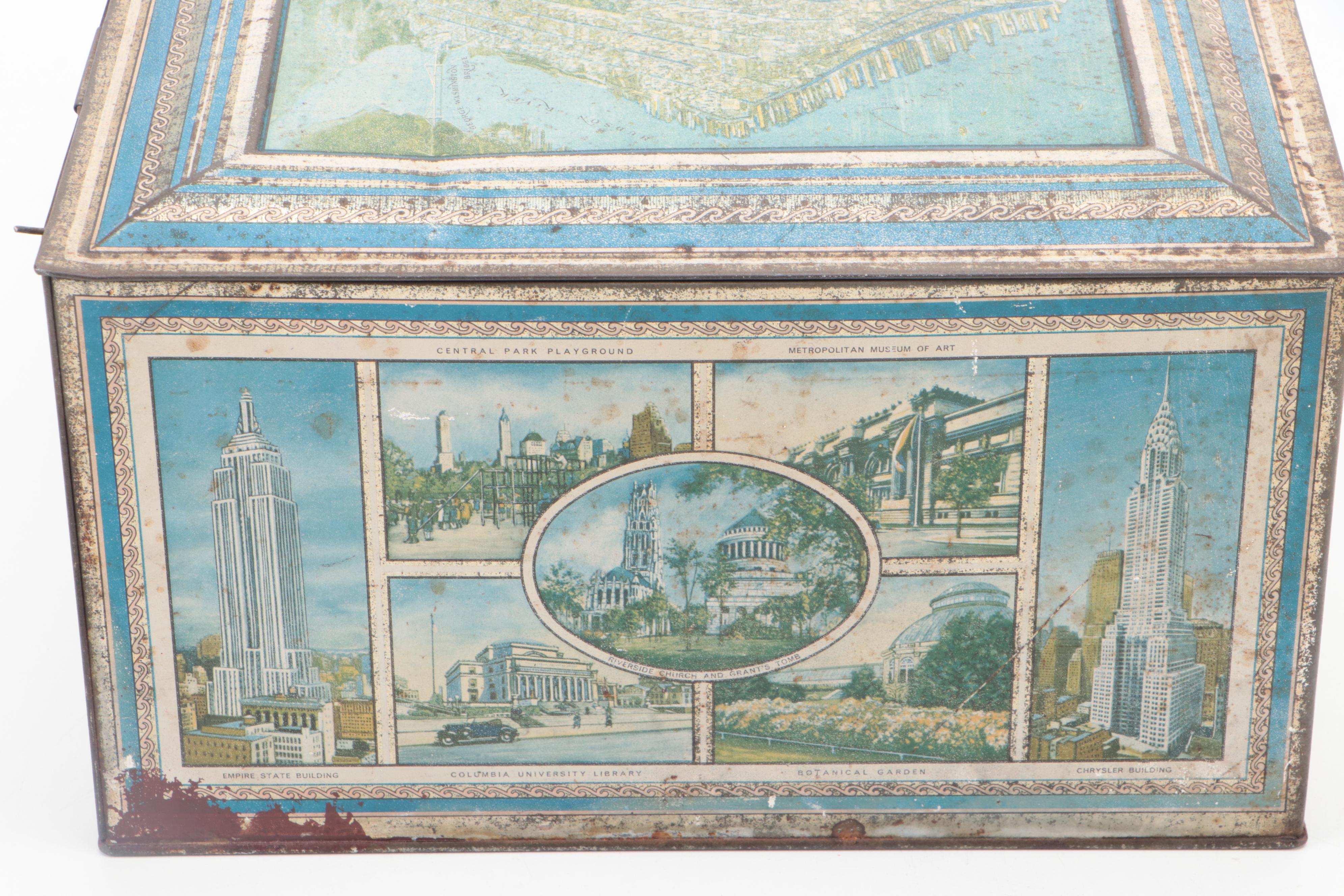 Art Deco Style Arial View of Manhattan Island Tin Litho Box, 1930s