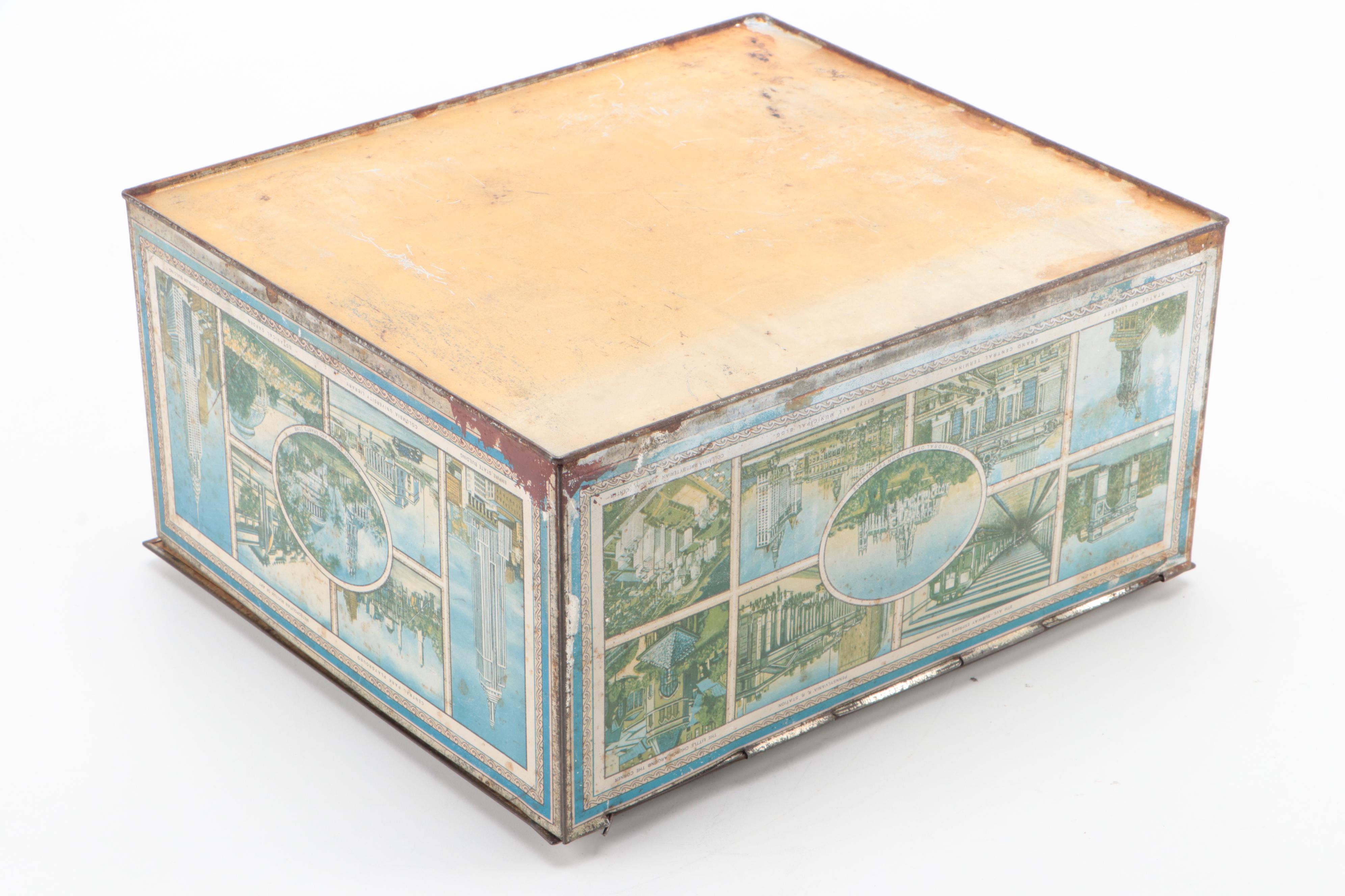 Art Deco Style Arial View of Manhattan Island Tin Litho Box, 1930s