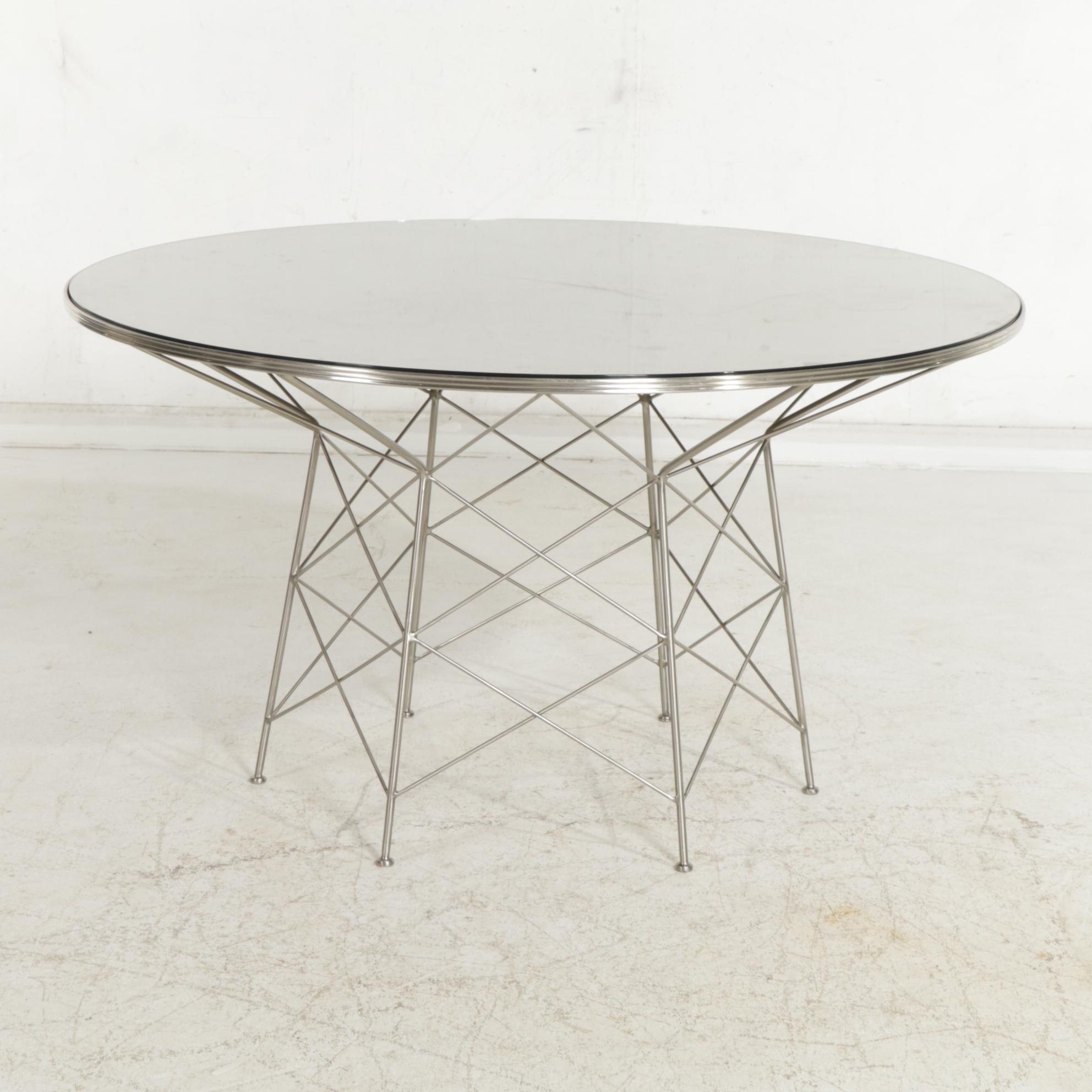 Contemporary Modernist Style Brushed Chrome and Wood-Veneered Dining Table