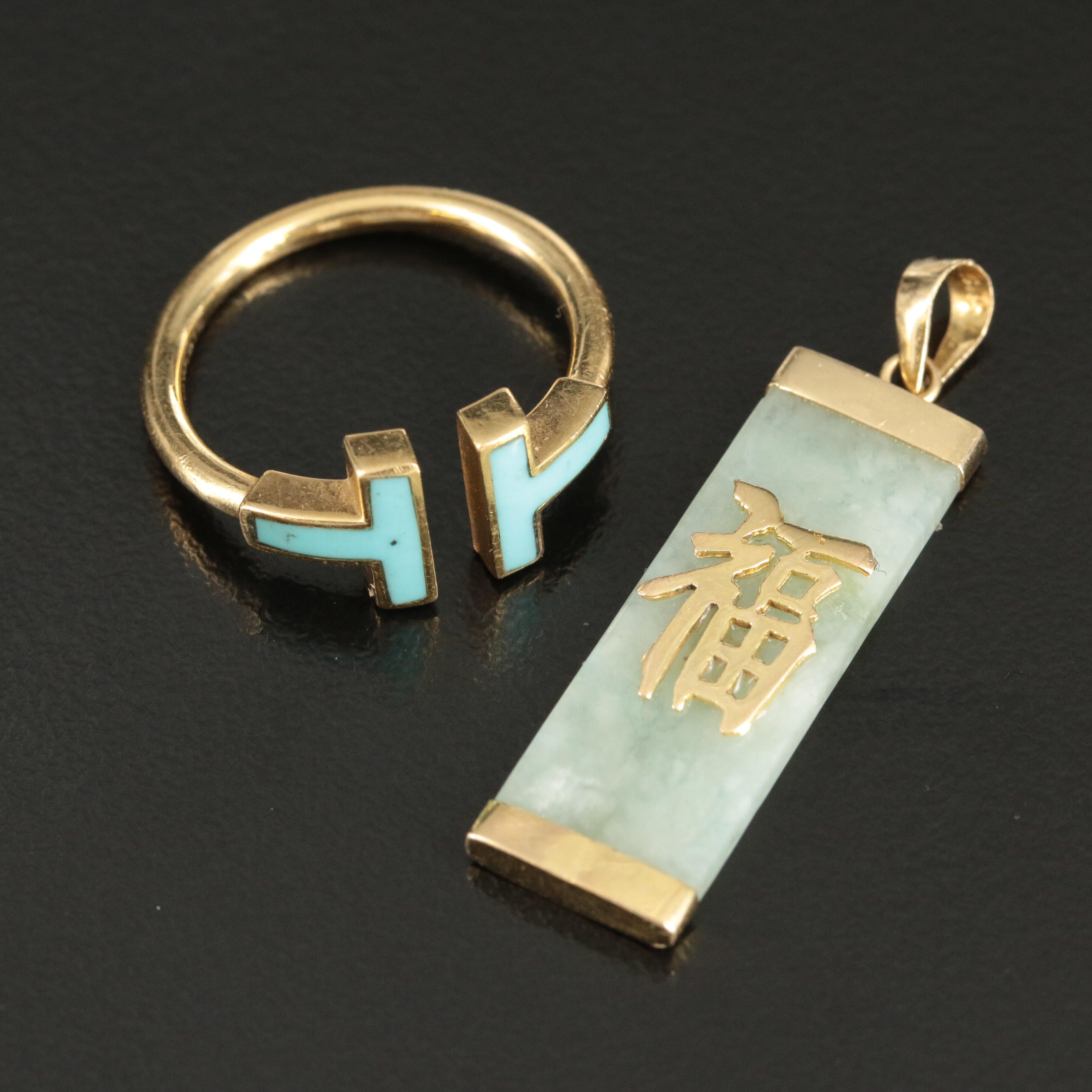 Tiffany & Co. "Tiffany T" 18K Turquoise Ring with 14K "Good Fortune" Pendant