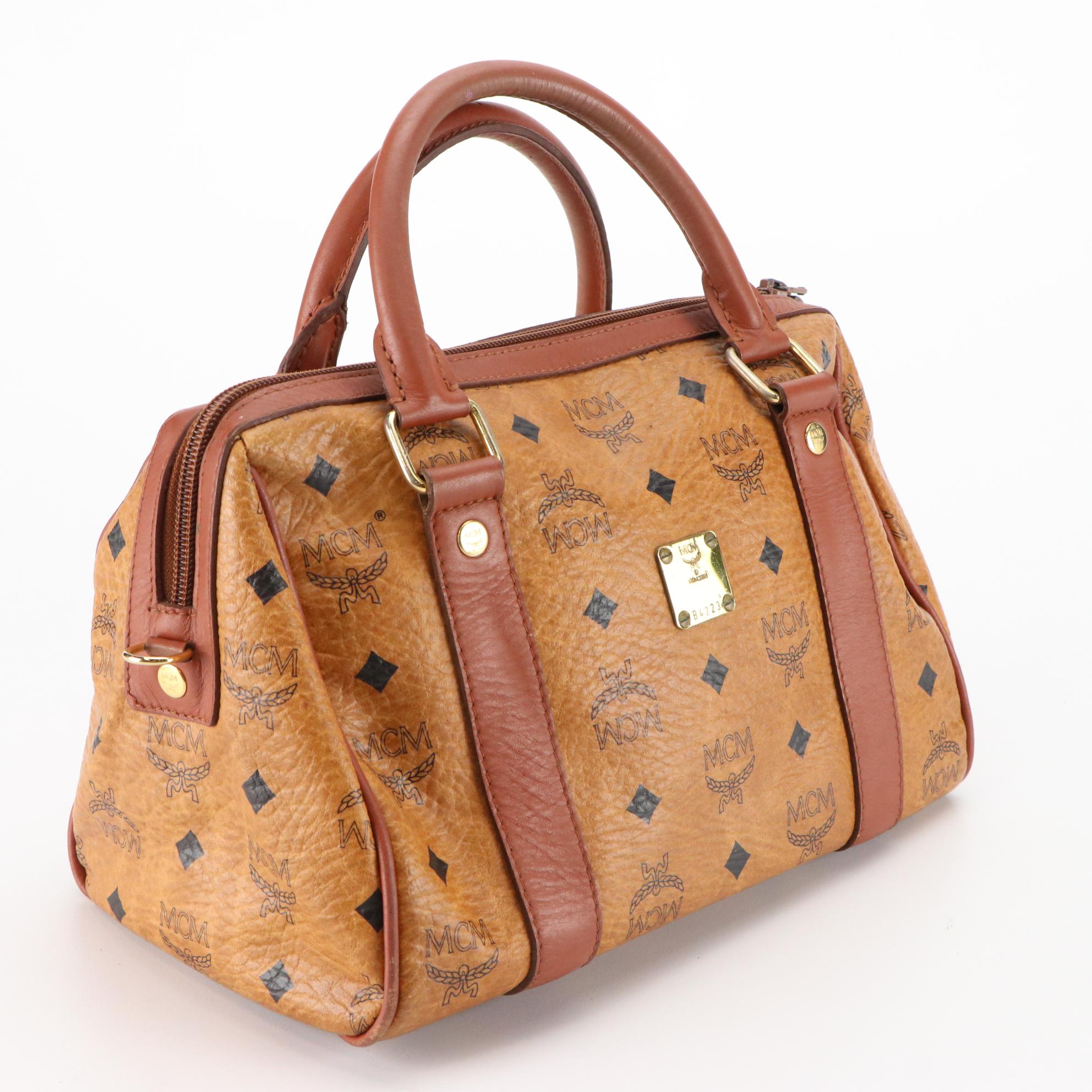 MCM Golf Collection Small Boston Bag in Cognac Visetos Monogram Canvas