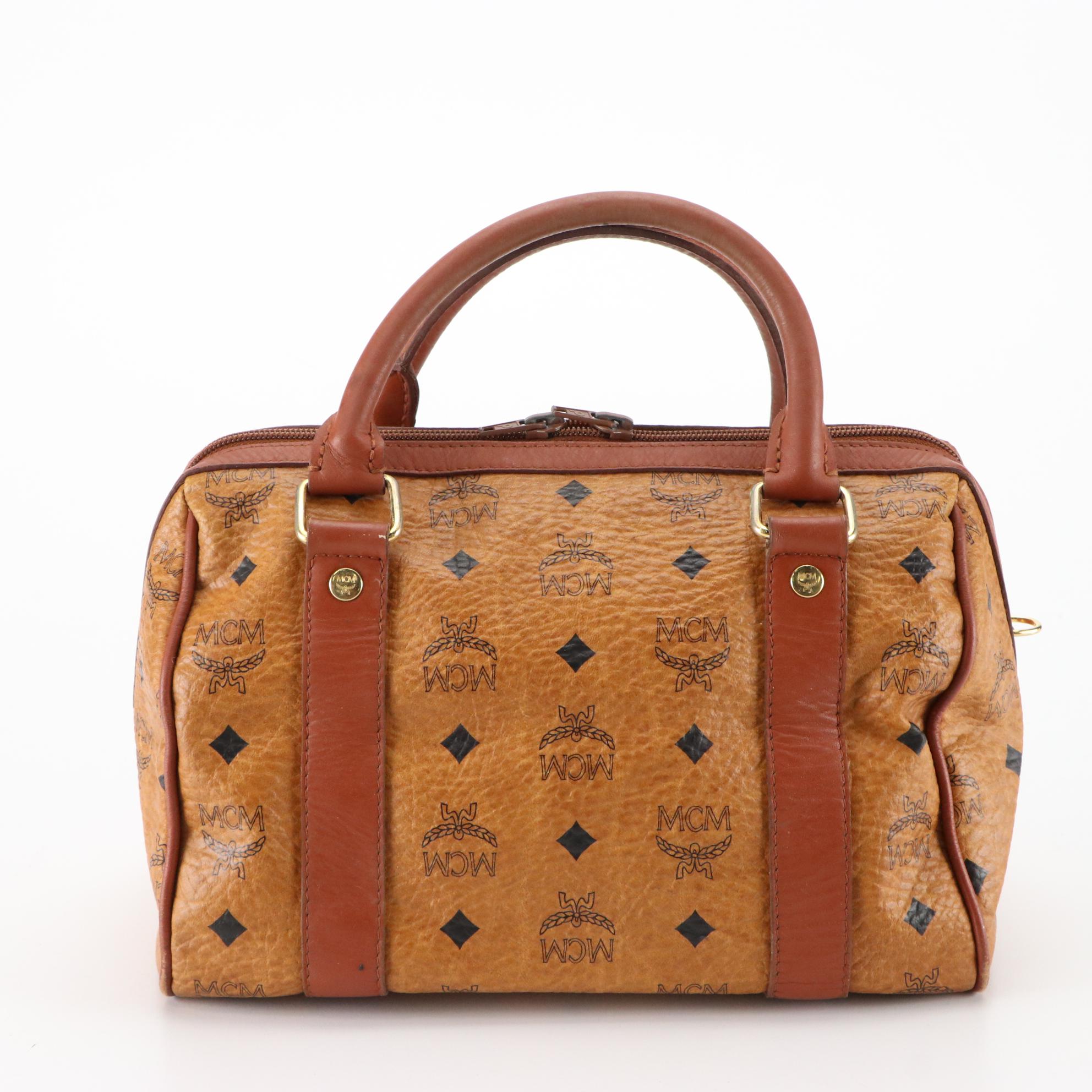 MCM Golf Collection Small Boston Bag in Cognac Visetos Monogram Canvas