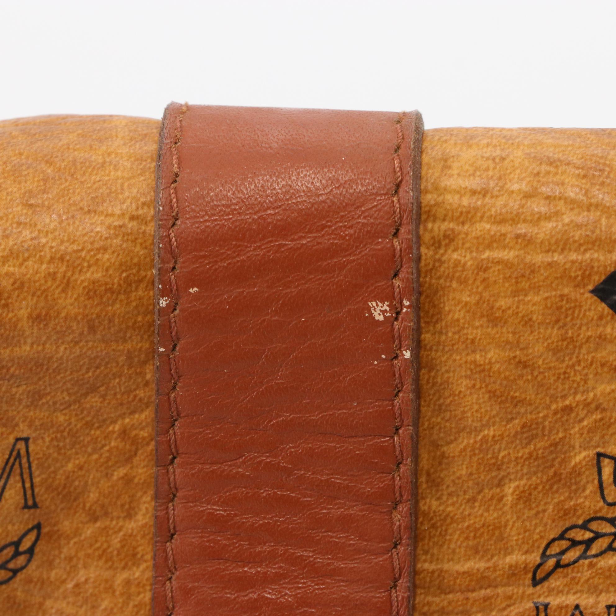 MCM Golf Collection Small Boston Bag in Cognac Visetos Monogram Canvas