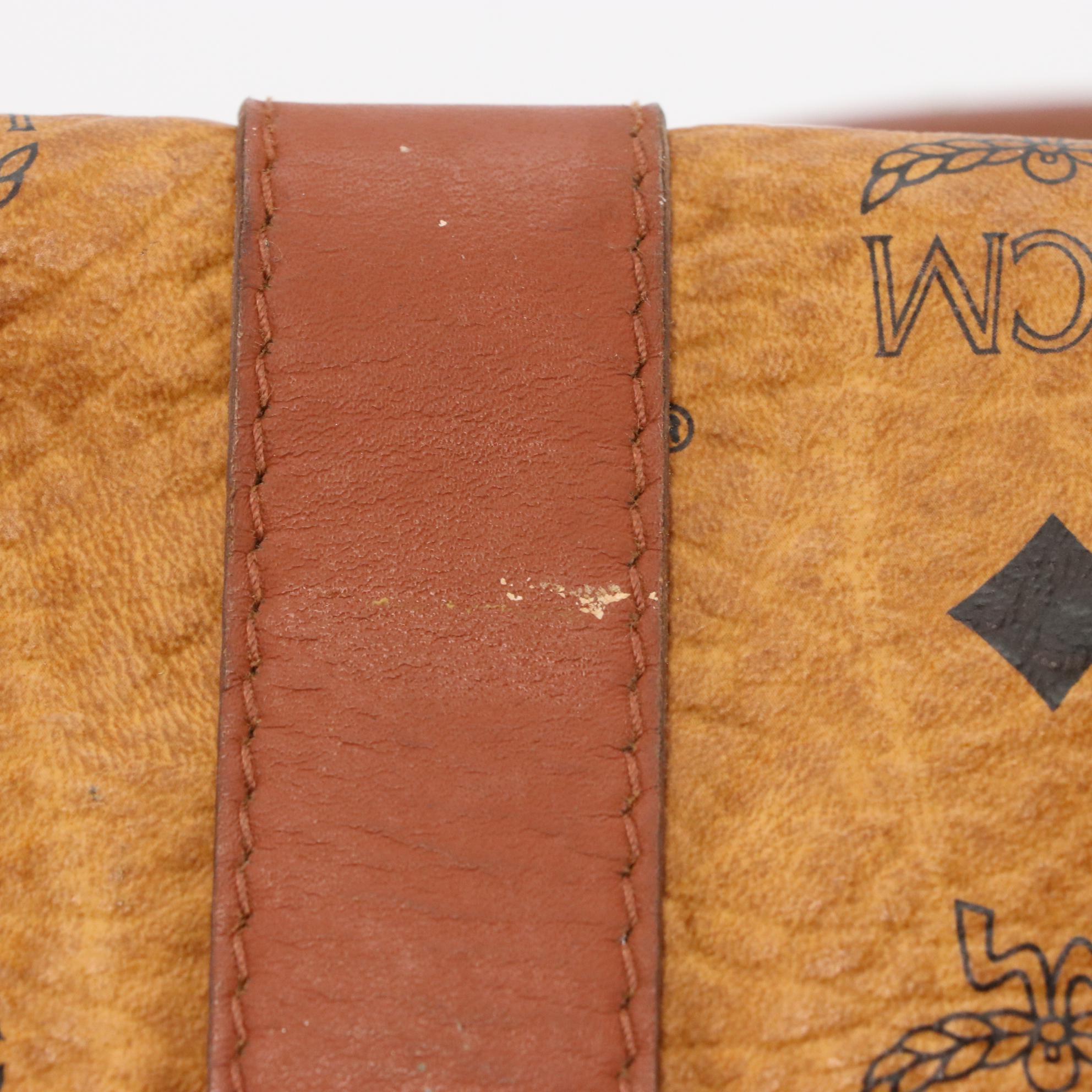 MCM Golf Collection Small Boston Bag in Cognac Visetos Monogram Canvas