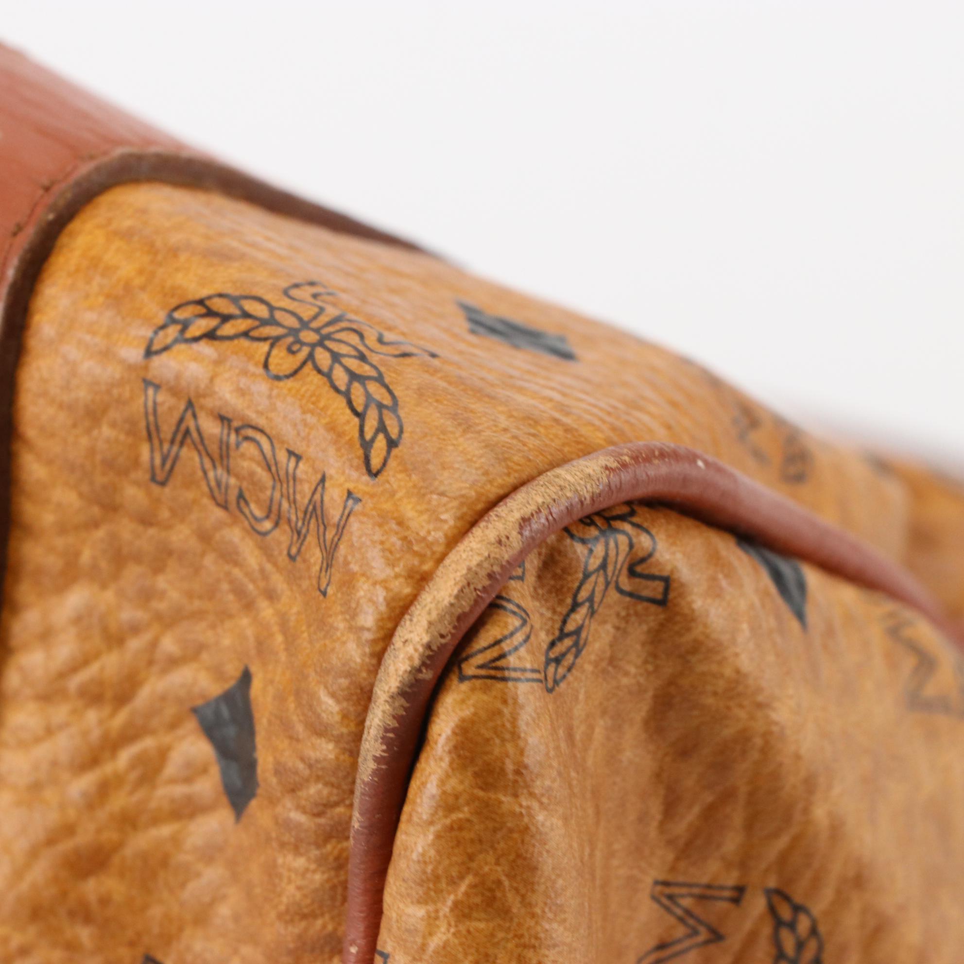 MCM Golf Collection Small Boston Bag in Cognac Visetos Monogram Canvas