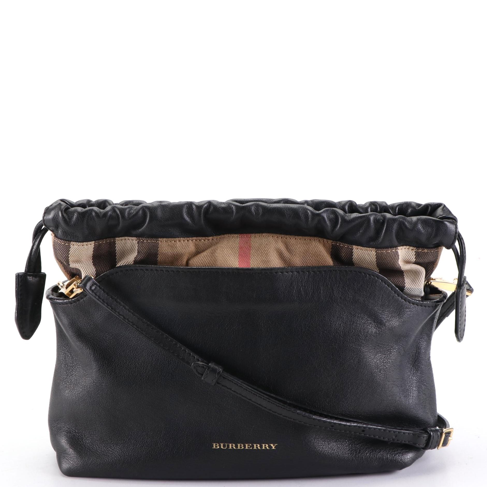 Burberry Drawstring Crossbody Bag in Black Leather and Check Canvas