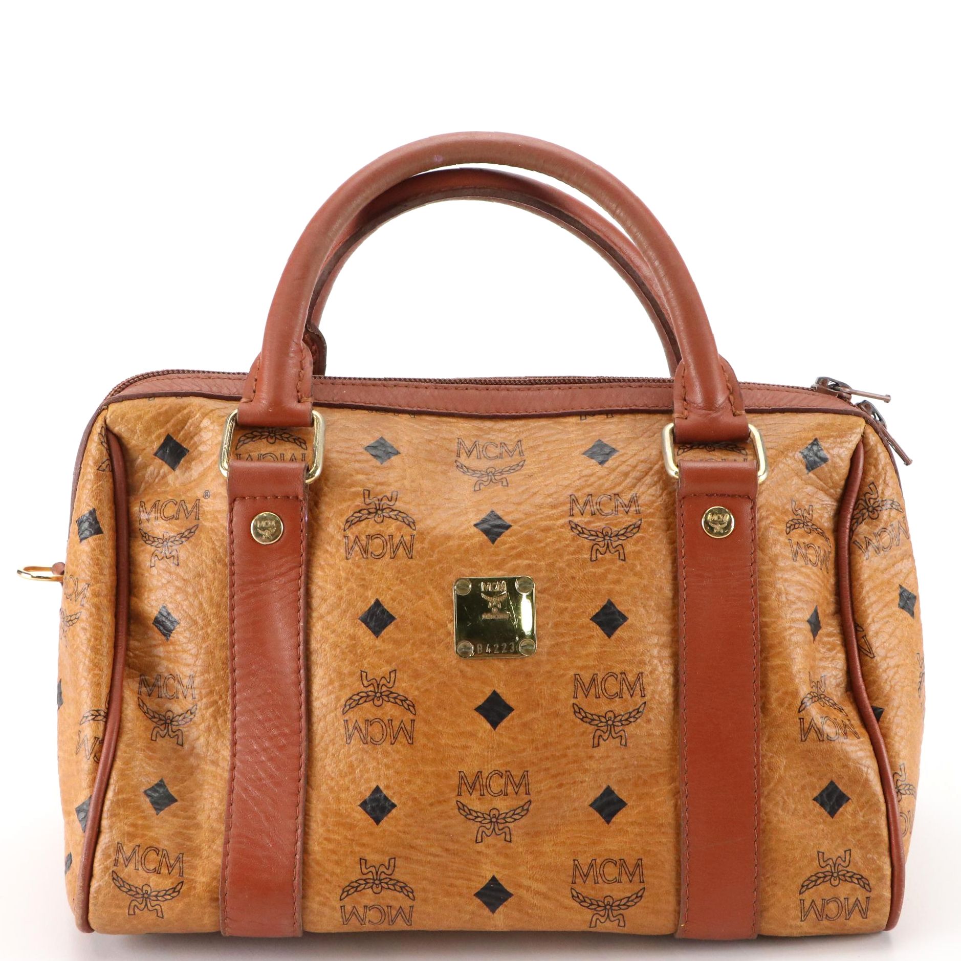 MCM Golf Collection Small Boston Bag in Cognac Visetos Monogram Canvas
