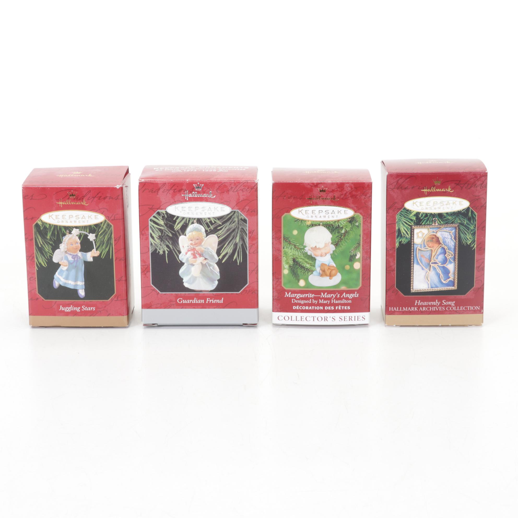 Hallmark and Other Angels with Wooden Miniature Display and Lighted Tree