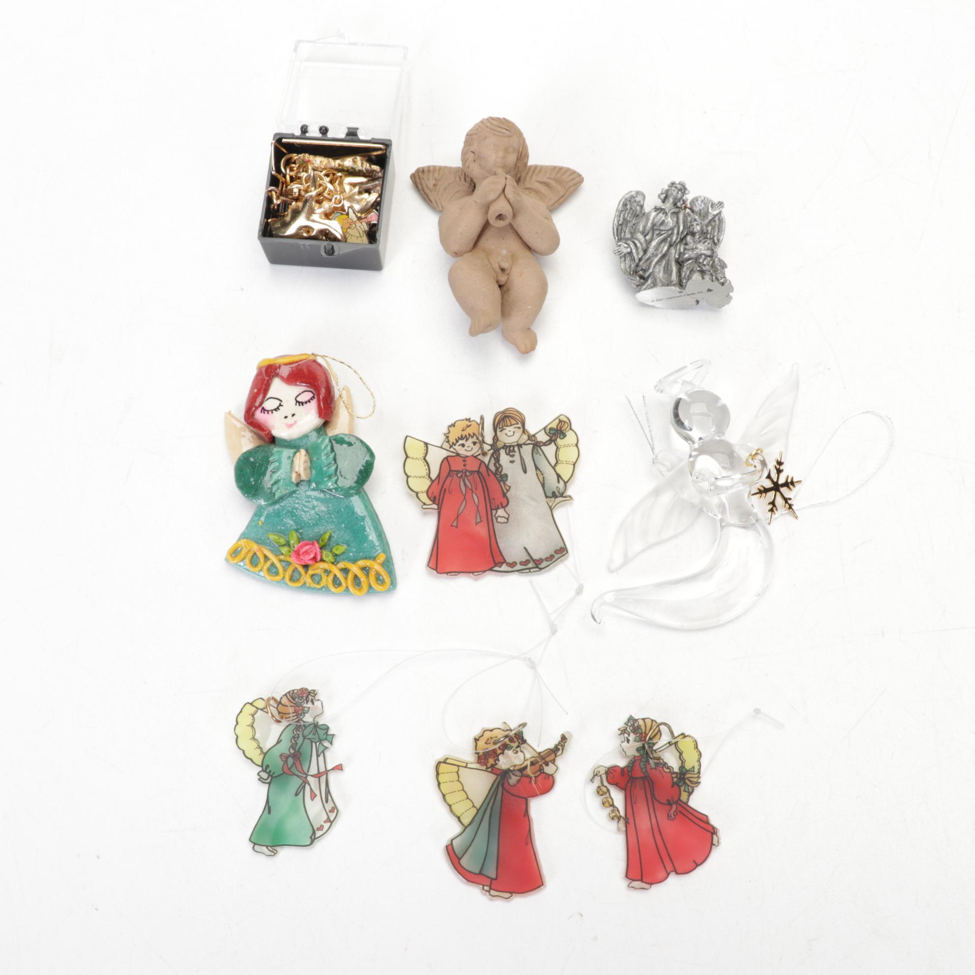 Hallmark and Other Angels with Wooden Miniature Display and Lighted Tree