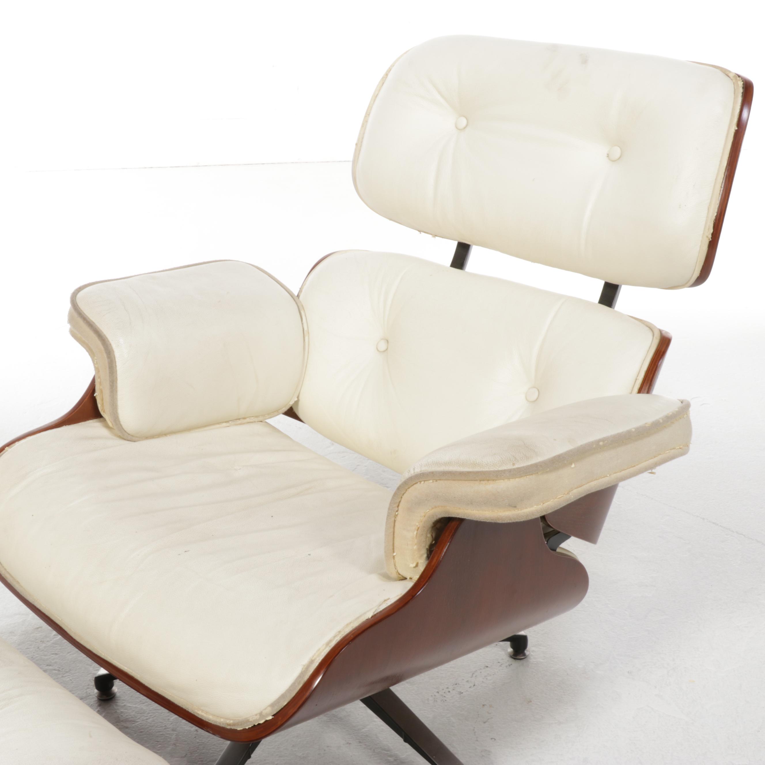 Eames Style Laminated Oak and Faux-Leather Lounge Chair and Ottoman