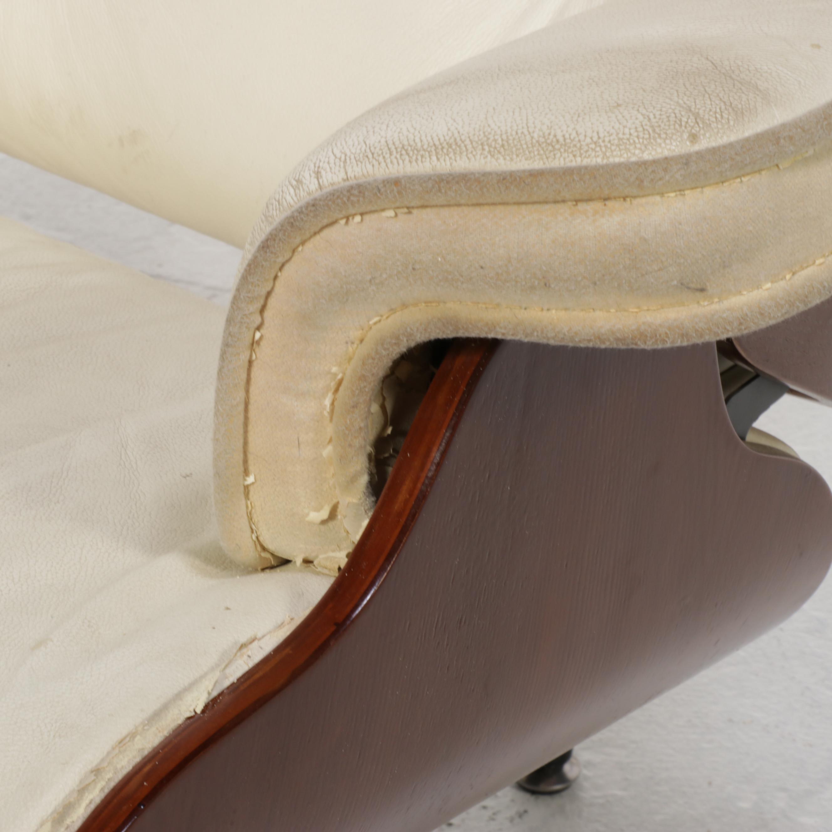 Eames Style Laminated Oak and Faux-Leather Lounge Chair and Ottoman