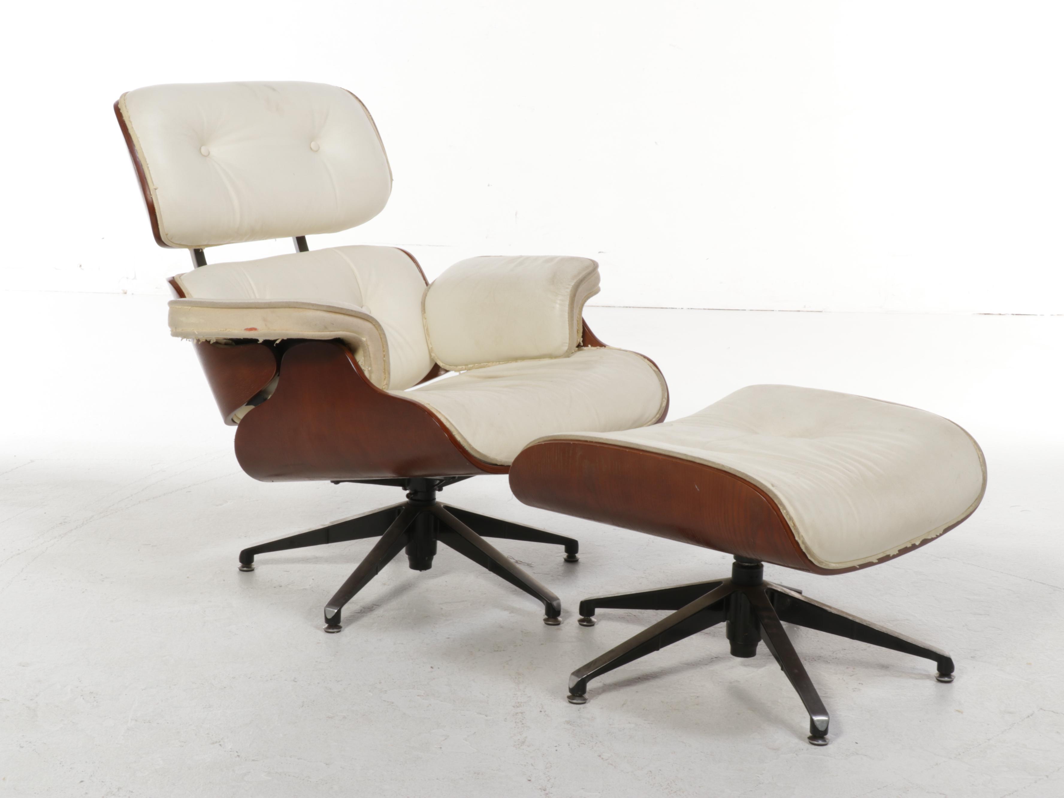Eames Style Laminated Oak and Faux-Leather Lounge Chair and Ottoman