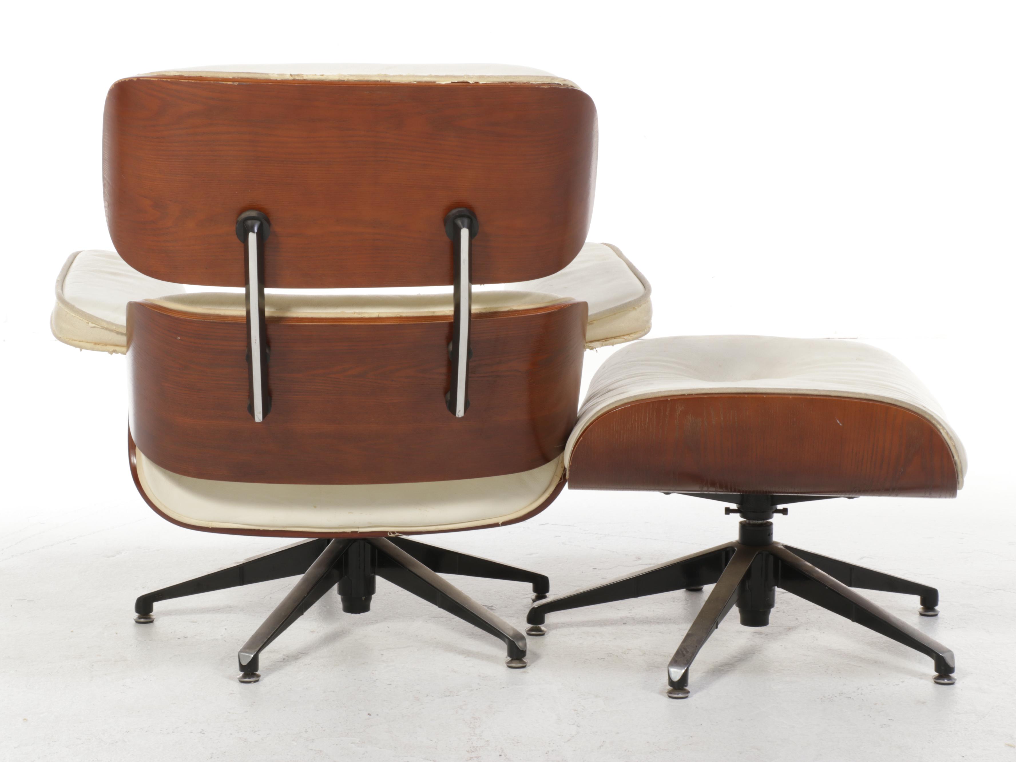 Eames Style Laminated Oak and Faux-Leather Lounge Chair and Ottoman