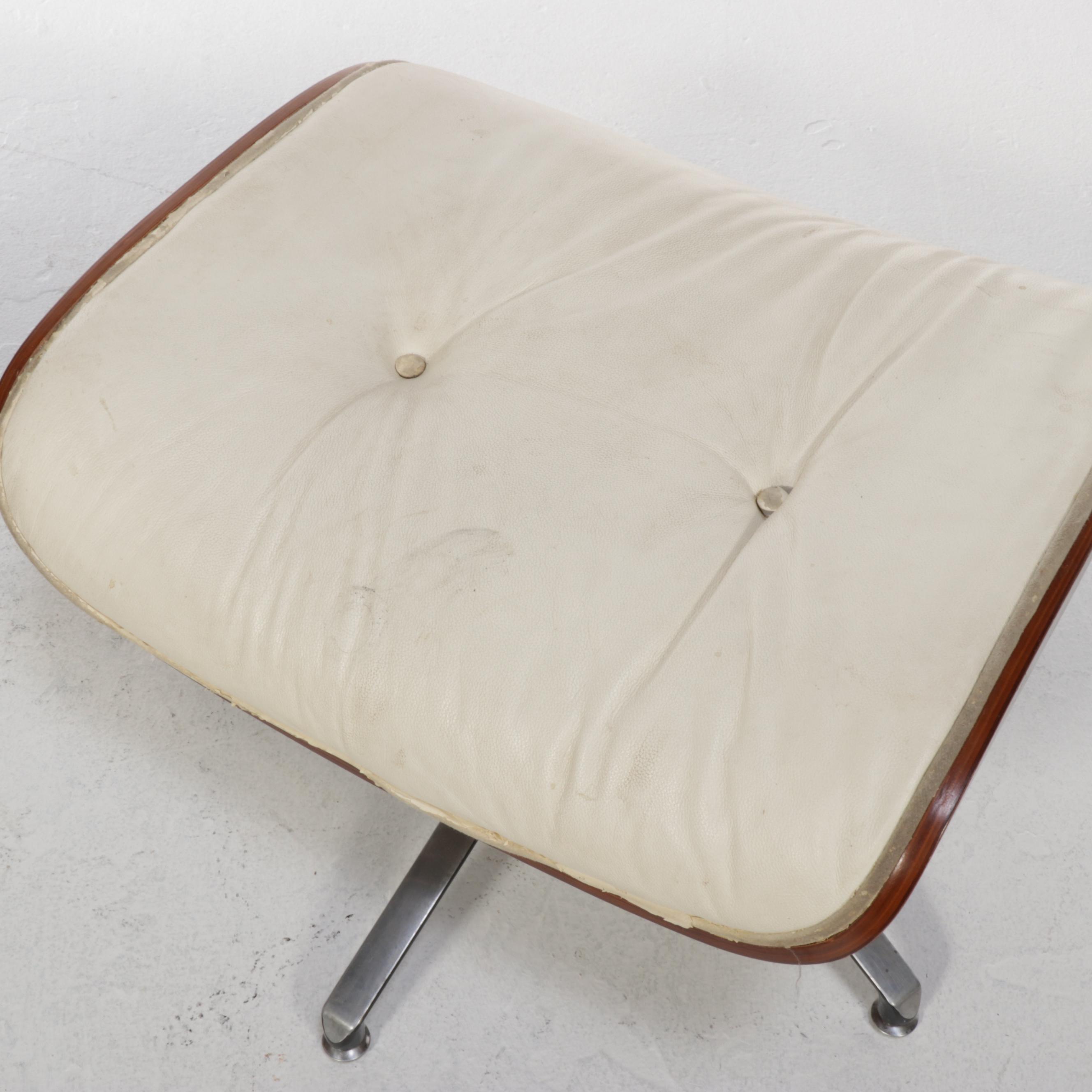 Eames Style Laminated Oak and Faux-Leather Lounge Chair and Ottoman