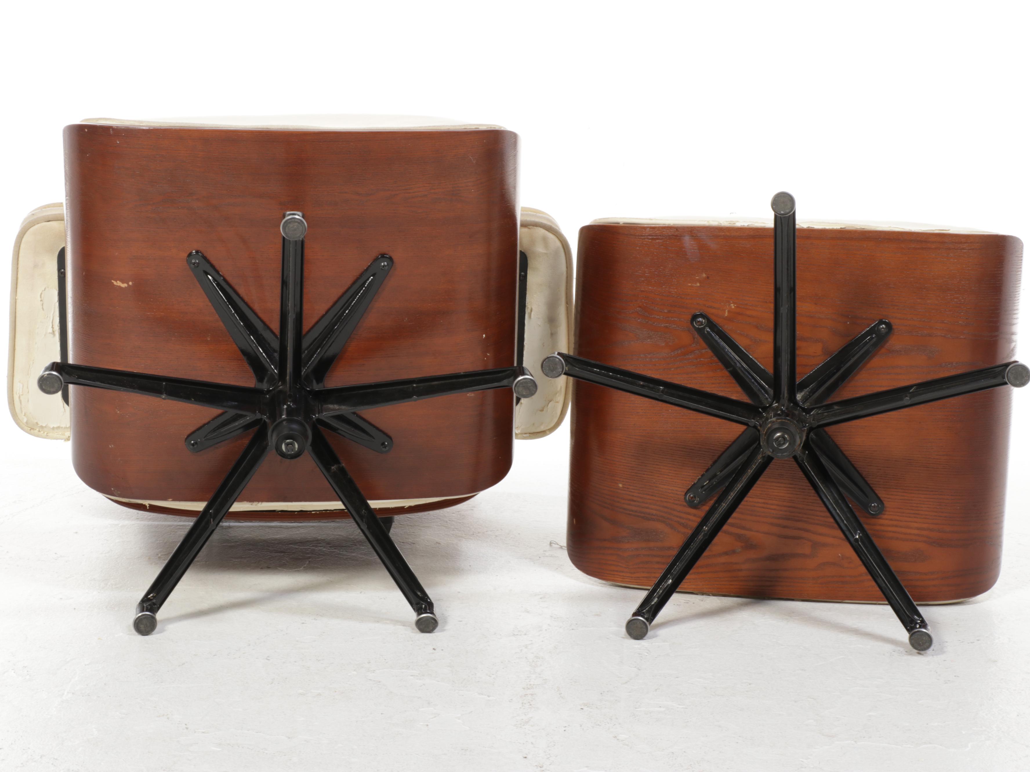 Eames Style Laminated Oak and Faux-Leather Lounge Chair and Ottoman