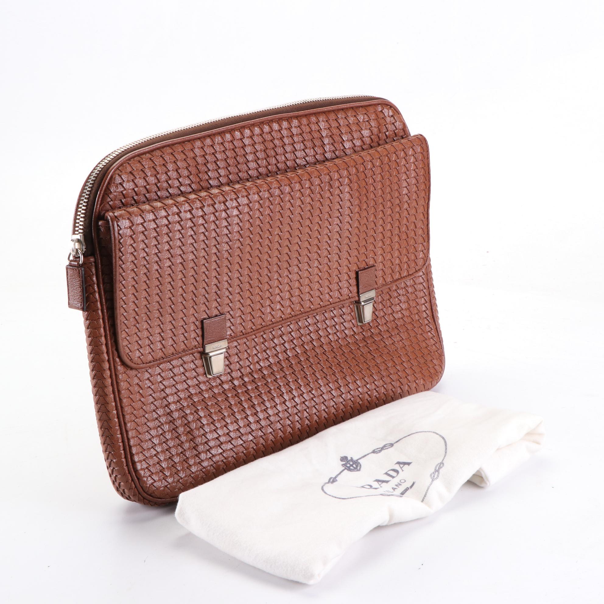 Prada Woven Brown Leather Briefcase Bag with Retractable Handle