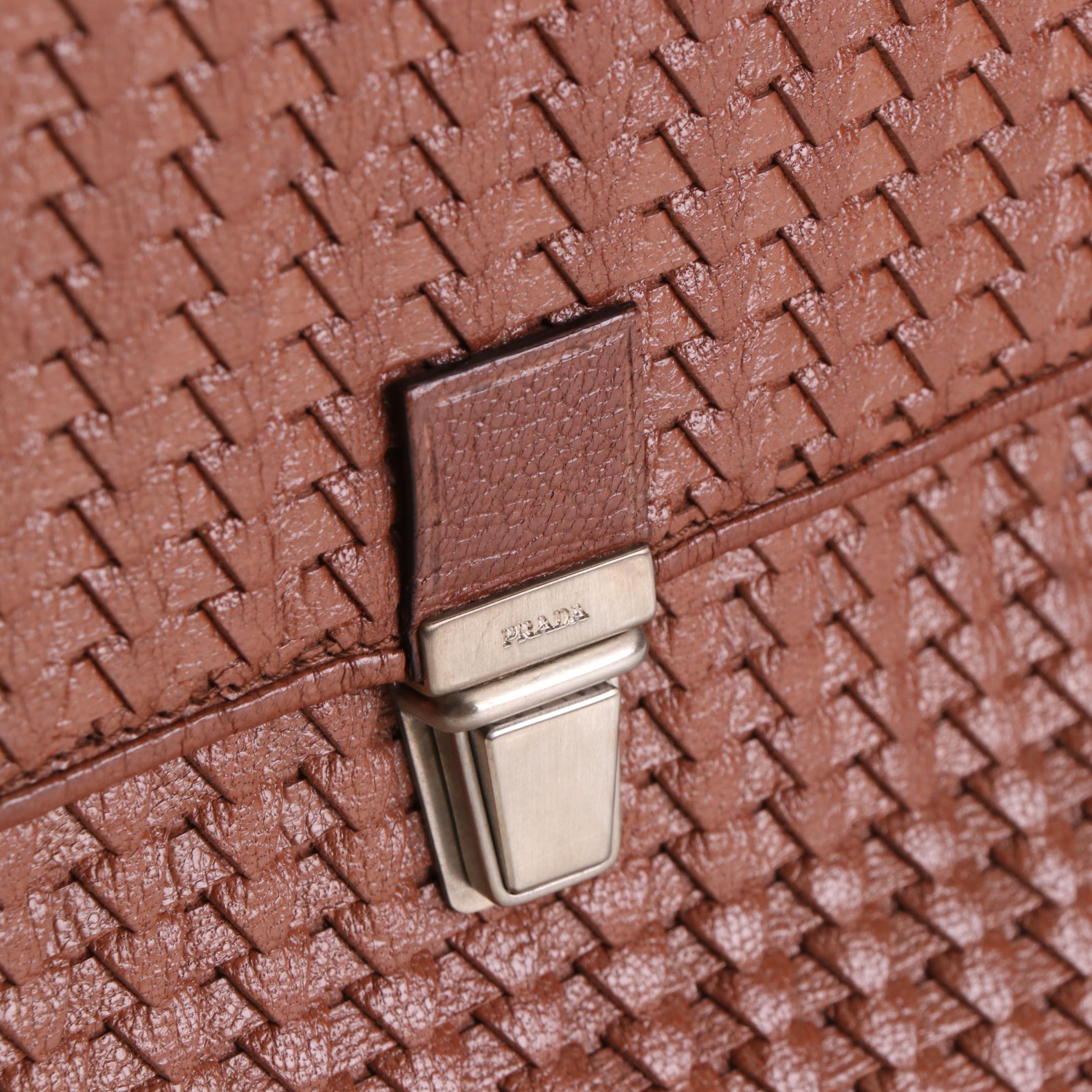 Prada Woven Brown Leather Briefcase Bag with Retractable Handle