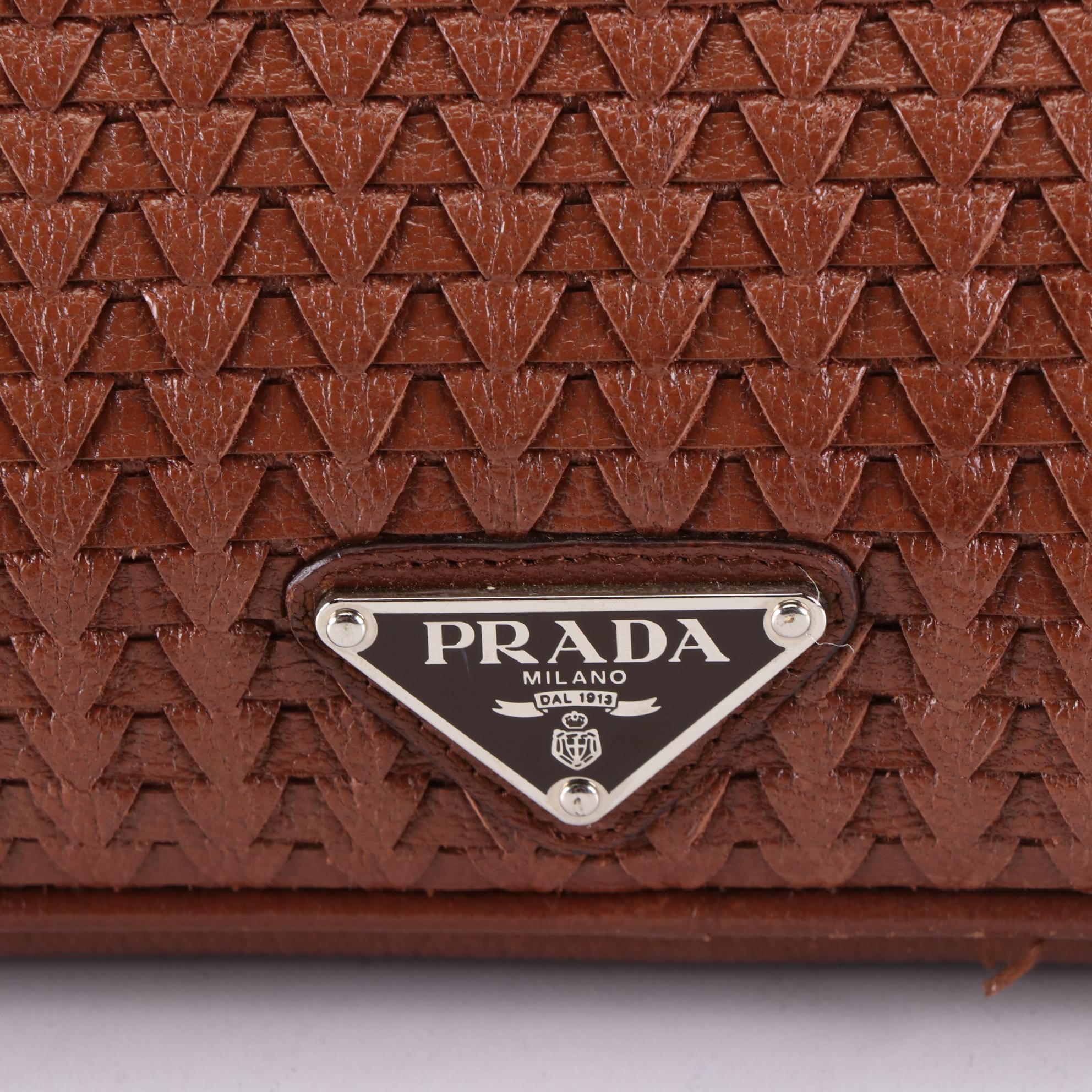 Prada Woven Brown Leather Briefcase Bag with Retractable Handle