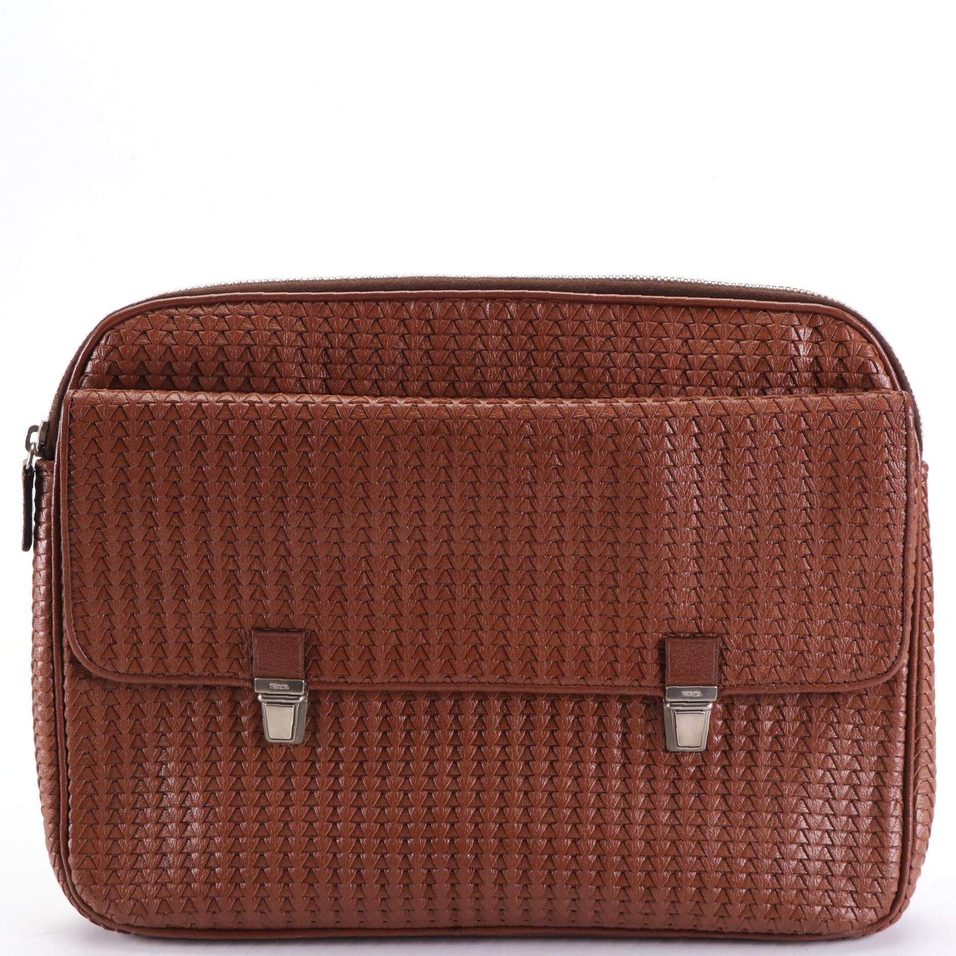Prada Woven Brown Leather Briefcase Bag with Retractable Handle