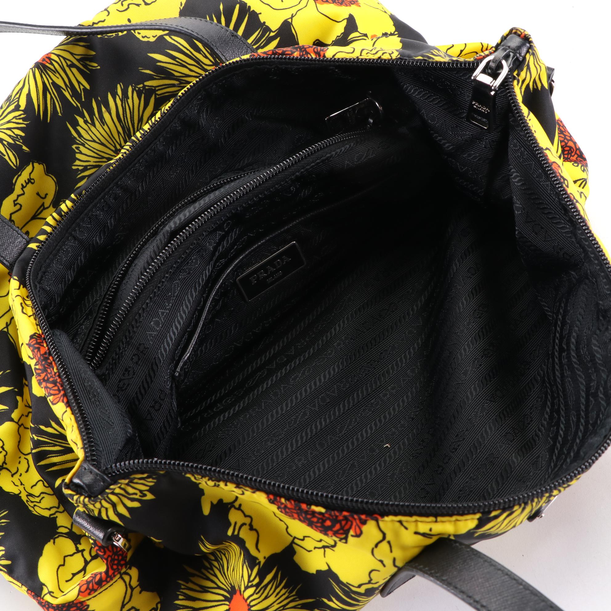 Prada Black and Yellow Floral Printed Tessuto Stampato Nylon Tote Bag