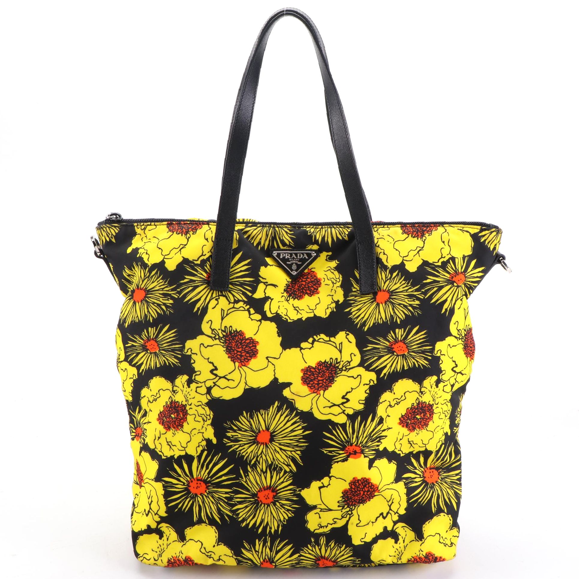 Prada Black and Yellow Floral Printed Tessuto Stampato Nylon Tote Bag