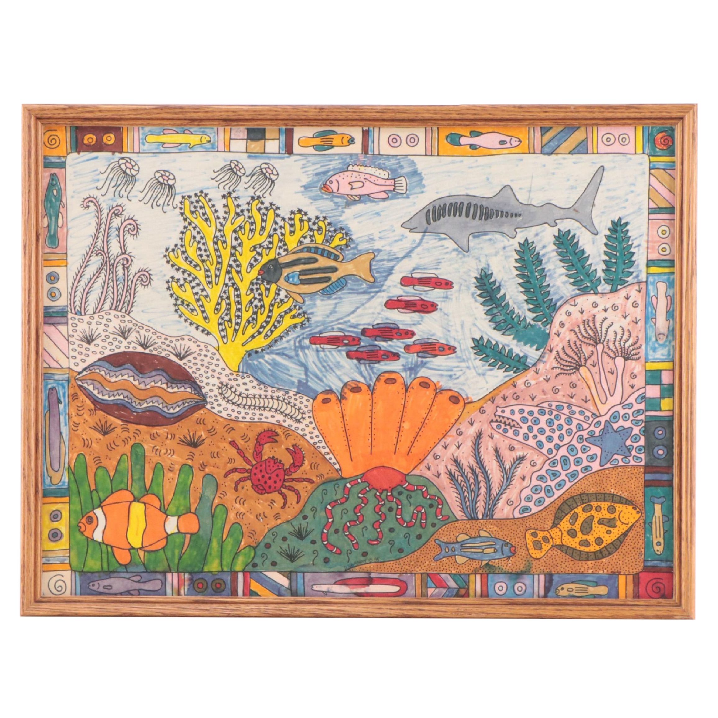 Diane Varney Mixed Media Painting of Underwater Scene, 1995